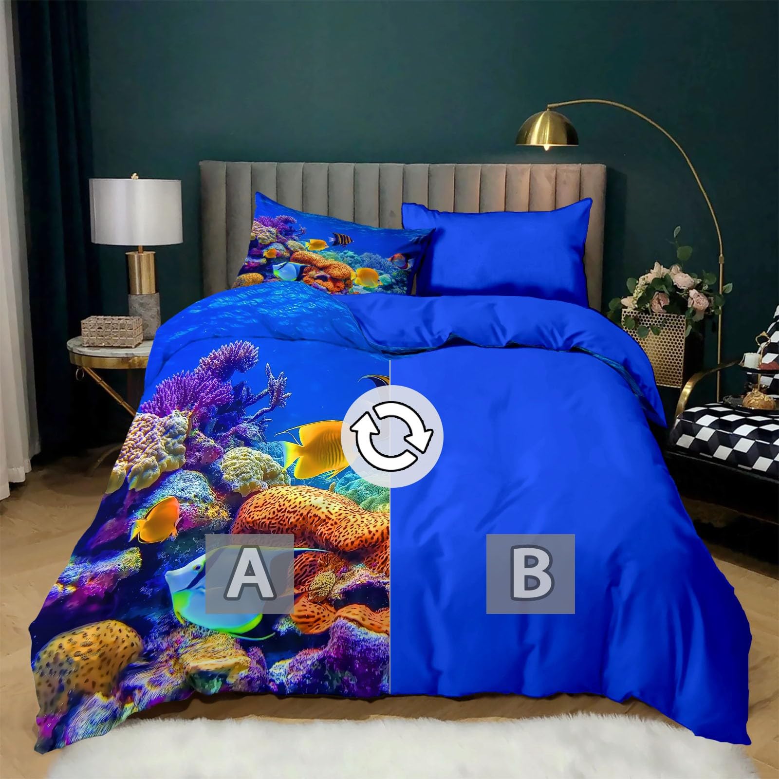 Poszwa na kołdrę 240 x 220 cm Podwodna scena koralowce ryby zestaw pościeli ciemnoniebieski, 3-częściowy z zamkiem błyskawicznym - 2-osobowa pościel dla dorosłych z 2 poszewkami na poduszki