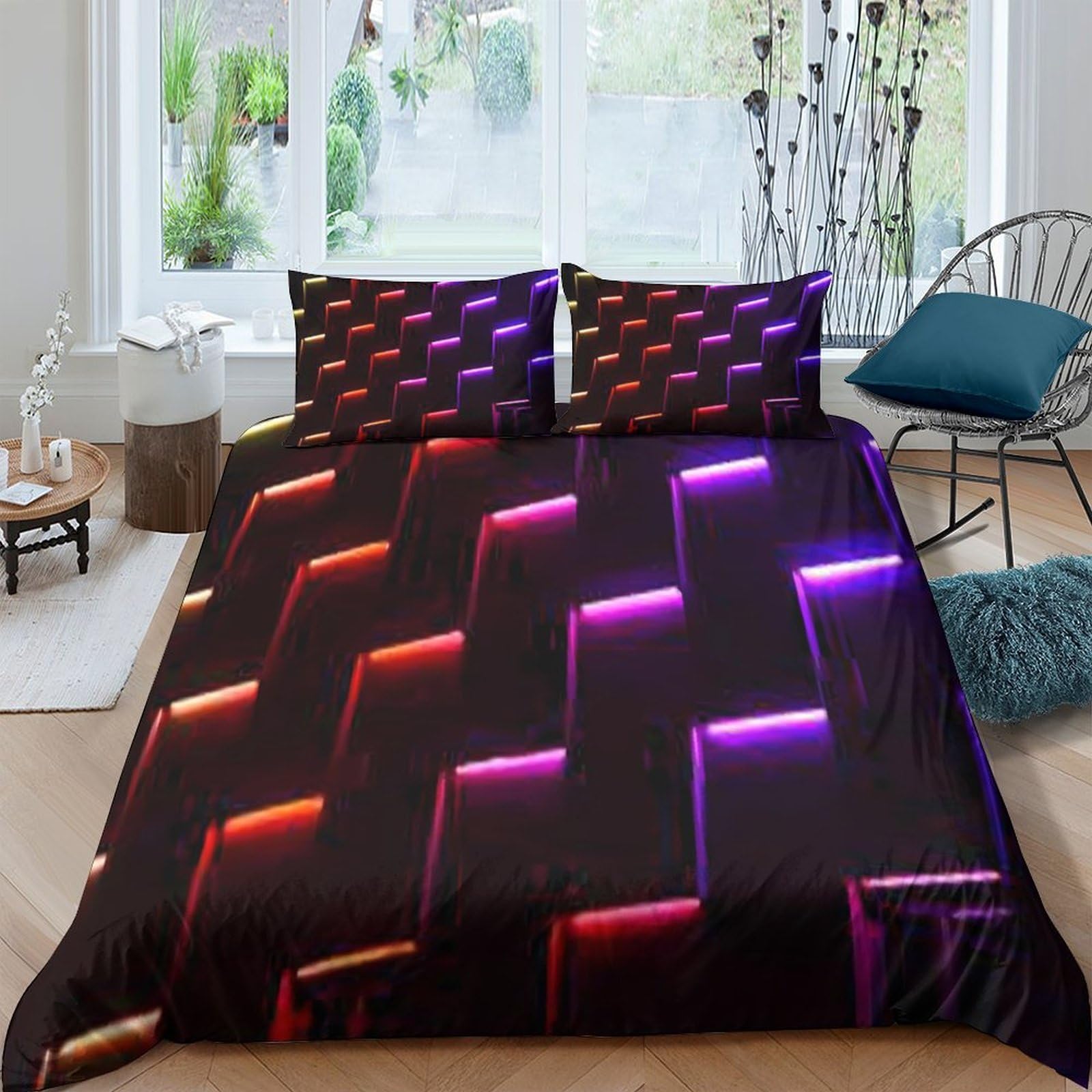 Ctjqhvkz Style-9 3D Printed Neon Gradient Fitted Sheet Microfiber Soft Breathable Geometric Light Bed Cover For Bedroom Dorm Mattress Protection Single（135X200cm）