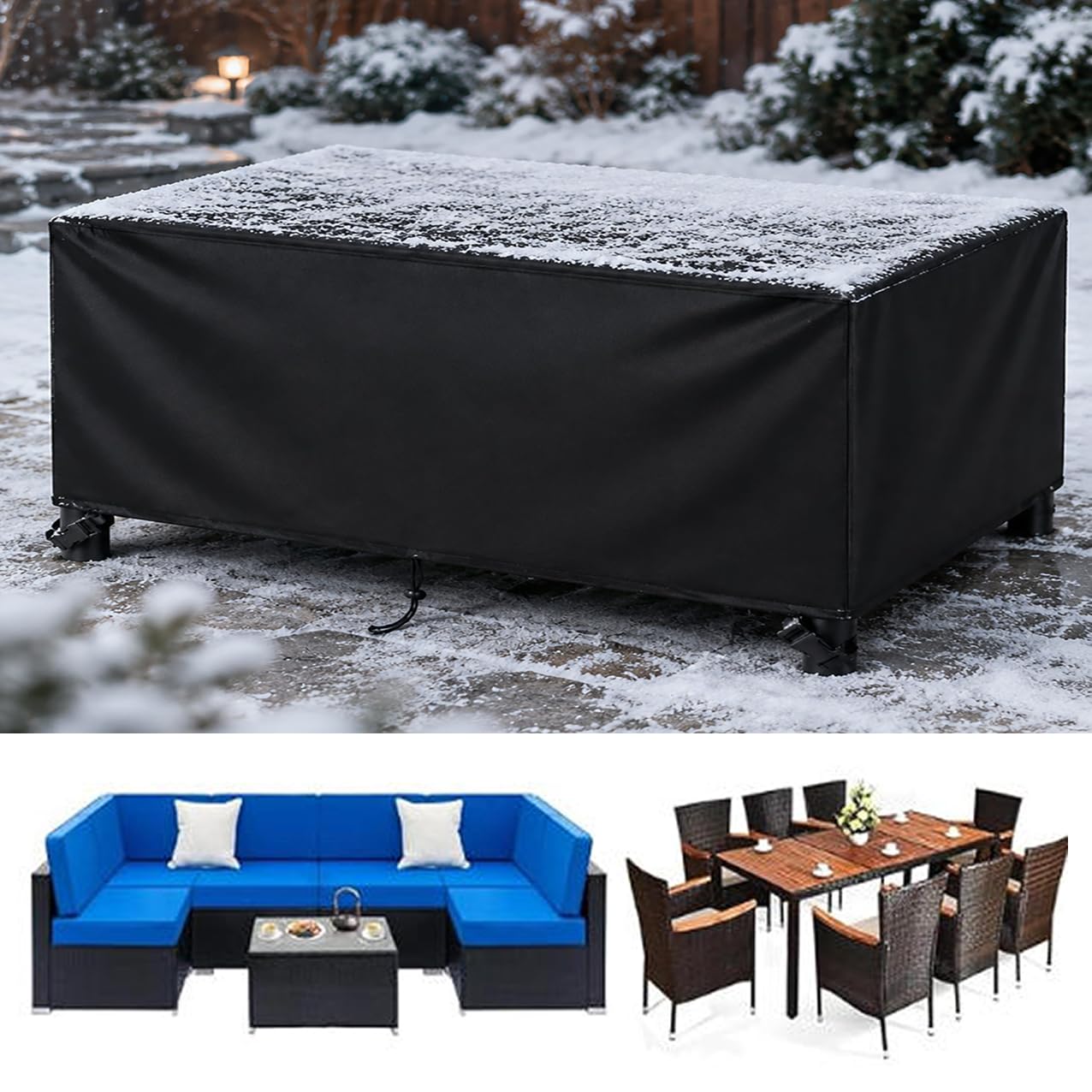 Copertura per Mobili da Giardino Impermeabile 350x170x65 cm | Telo Copri Tavolo Esterno Rettangolare | Tessuto 420D Oxford Antivento & Anti-UV | Custodia Protettiva per Set Pranzo, Nero
