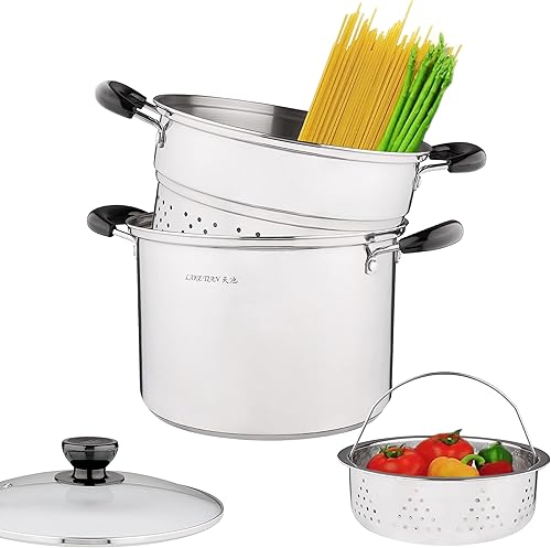 Lake Tian Olla para pasta de acero inoxidable con inserto de colador, 4 piezas de 10 cuartos de galón, vaporizador para cocinar, olla espagueti,