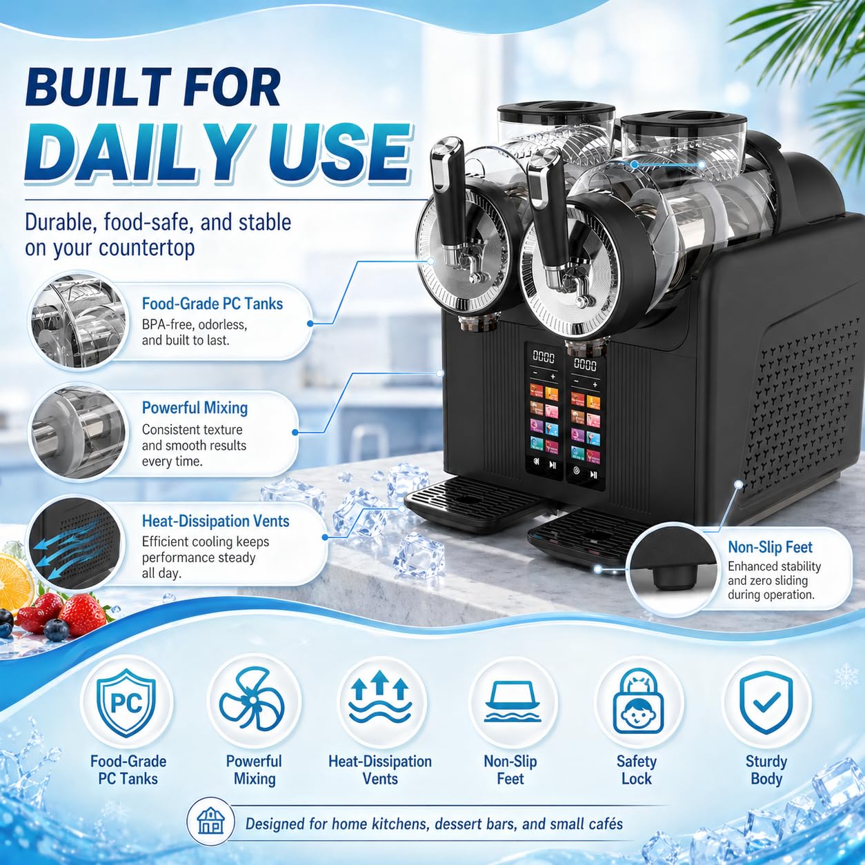 Máquina para Granizados Profesional – Doble Depósito 2×2L, 7 Programas, Autolimpieza y Enfriamiento Rápido – Helado Soft y Batidos – para Cafetería, Food Truck, Bar en Casa BlackA