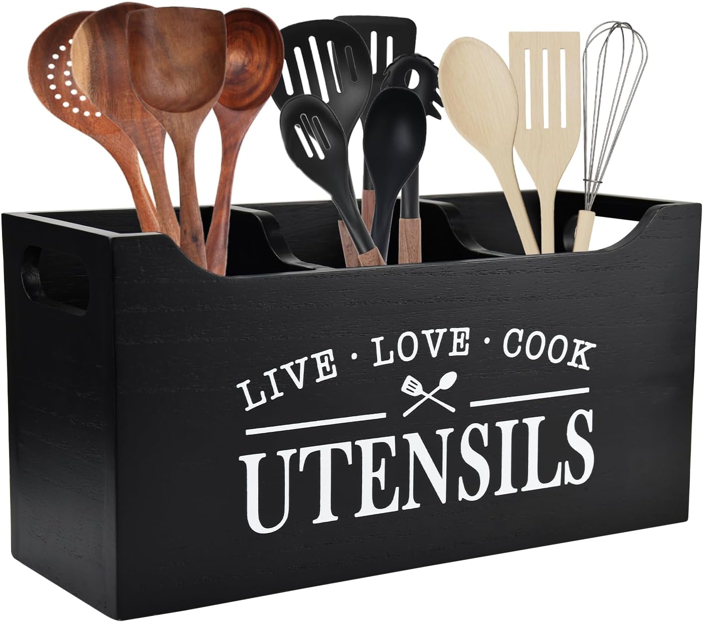 Kitchen Utensil Holder with Drainage Bottom, Large 3 Compartments Solid Real Wood Utensil Organizer for Kitchen Counter, Farmhouse Cooking Tools Storage for Countertop, Black