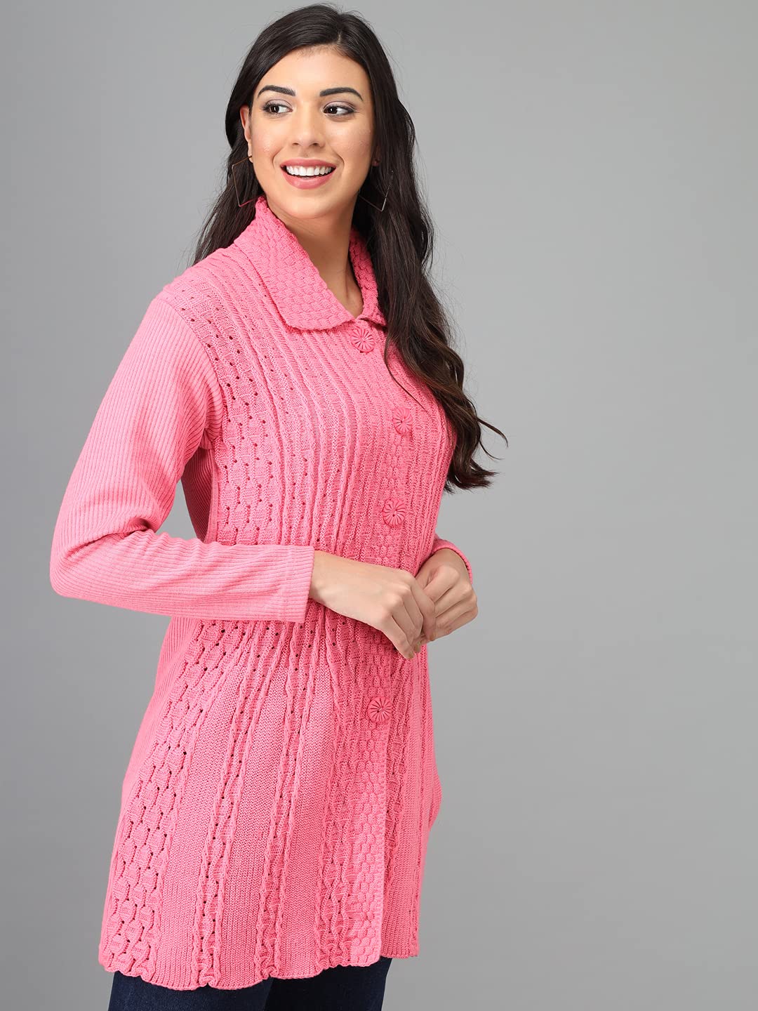 eKools Women's Wool Blend Banded Collar Cardigans (Coat8-M-Pink Pink_M) - Image 3 thumbnail