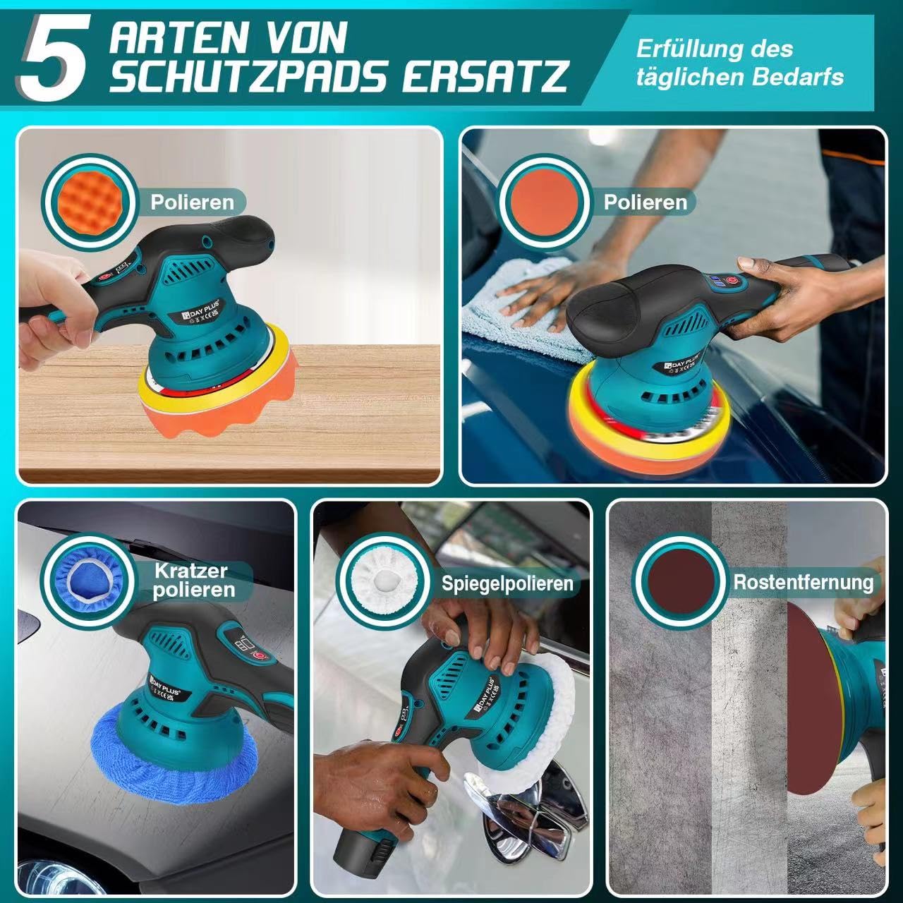 Akku Poliermaschine Set, Auto Poliermaschine Set 22pcs, Exzenter Poliermaschine Polierer mit 2 Batterie, Autopolierset, Akku Wachsmaschine 8 variable Geschwindigkeit für Autodetailing Wachsen,Polieren