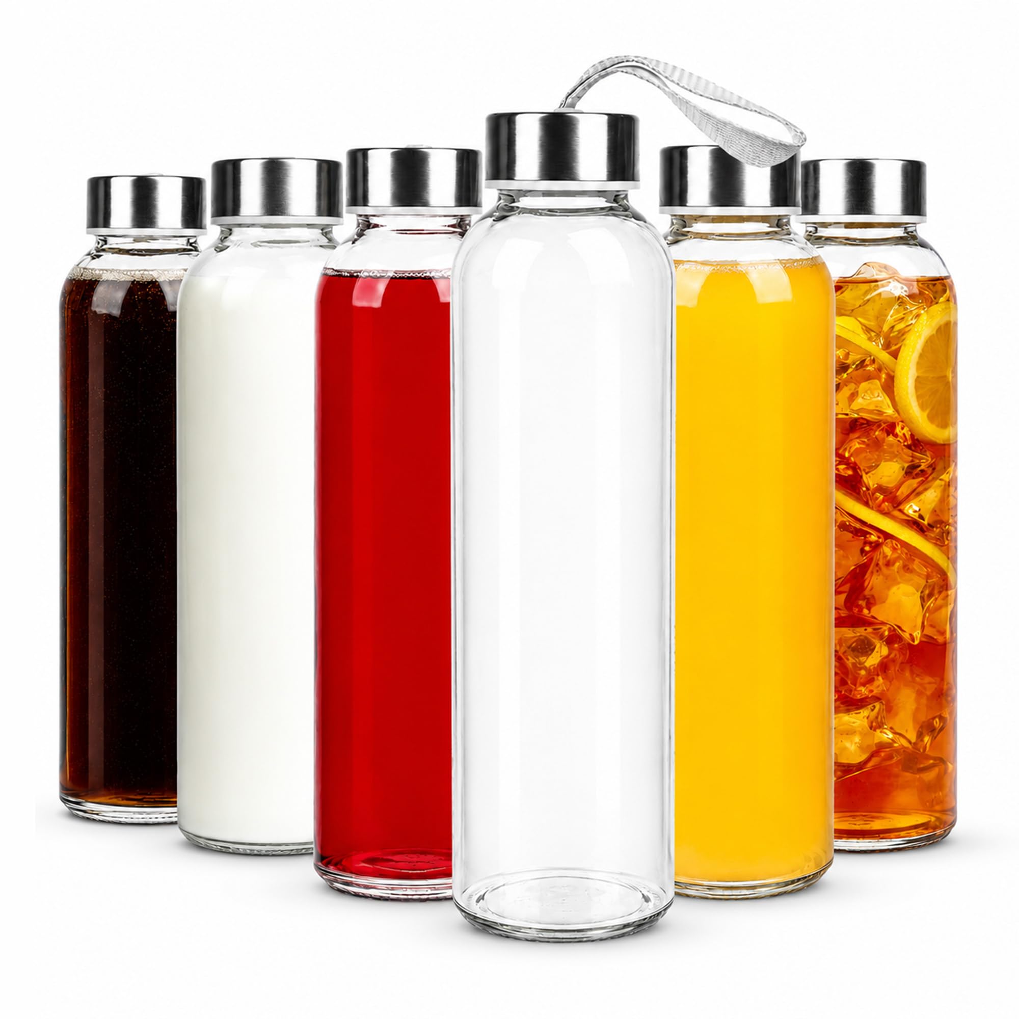 Navoys 12pk Glass Water Bottles 500ml | Reusable Clear Drinks Bottles with Stainless Steel Screw Top Lids & Carry Straps | Slim Glass Juice Bottles for Water, Smoothies, Milk, Iced Tea (12)