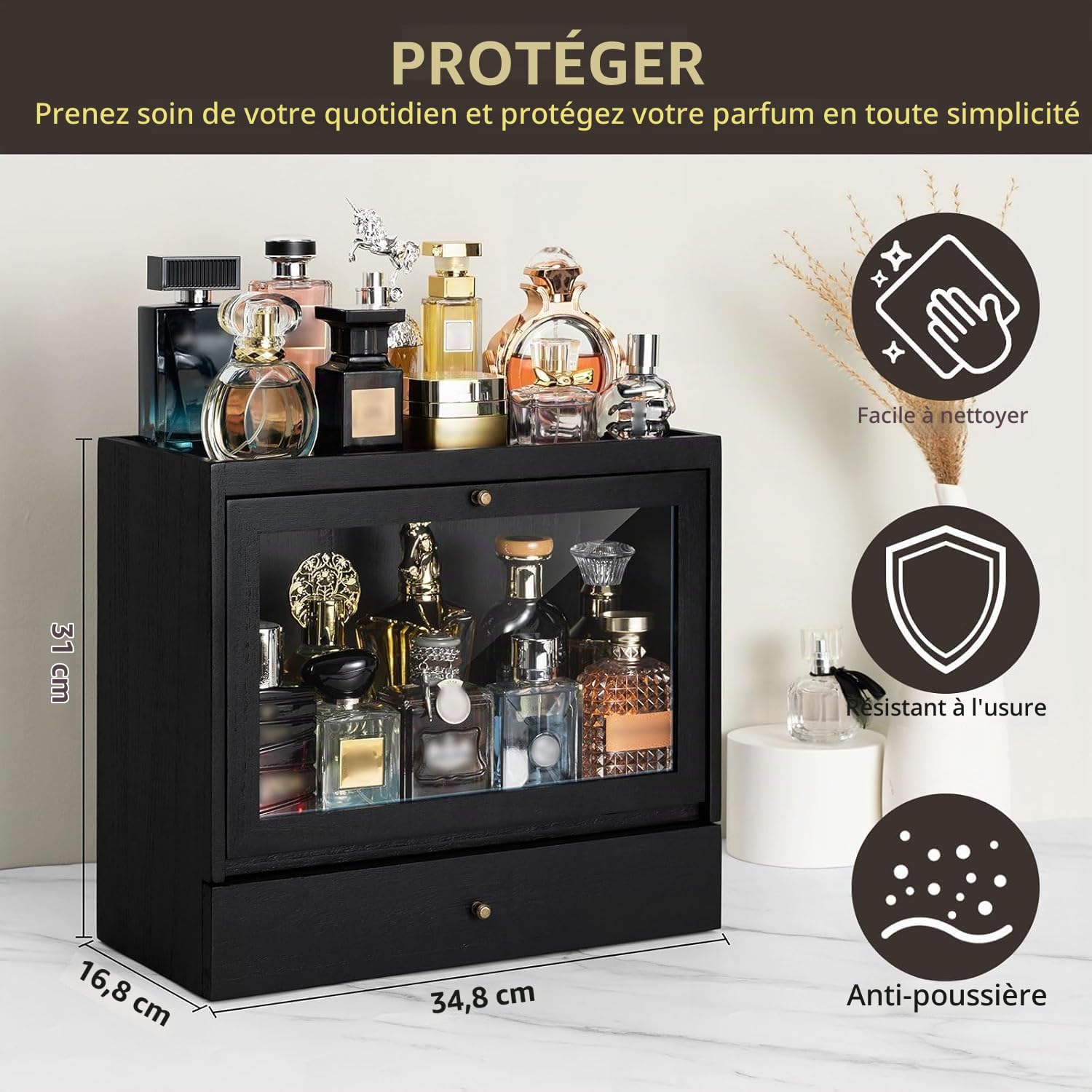 Rangement Parfum Homme, Porte Parfums en Bois, Grande Capacité Organisateur Parfums avec Tiroir, Présentoir Parfum pour Parfums, Bijoux, Excellent Cadeau (Noir)