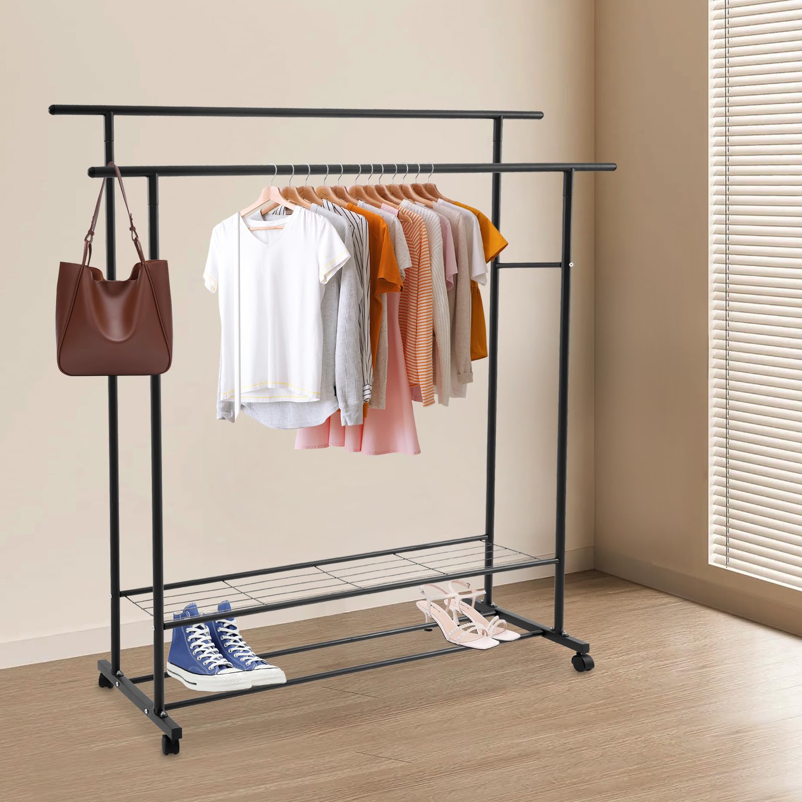 Perchero con ruedas para colgar ropa, perchero con ruedas, de hierro y plástico, perchero portátil con estantes, para ropa, bufandas, sombreros, bolsos (negro)