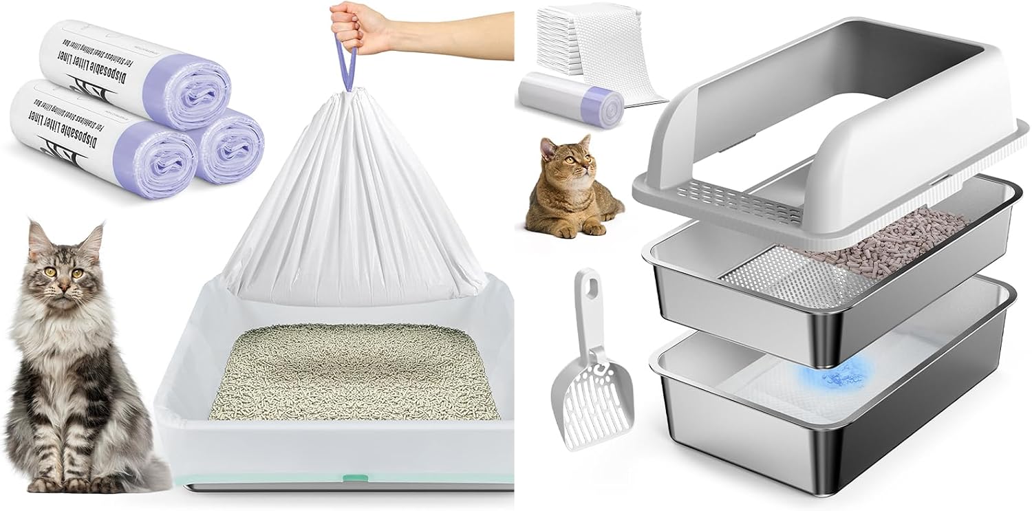 23.6''x16''x12'' Enclosed Stainless Steel Litter Box & 40.9" x 17.7" Extra Large Cat Litter Box Liners, Jumbo Heavy Duty Drawstring Litter Bags, High Sides Metal Litter Box System for for Big Cats