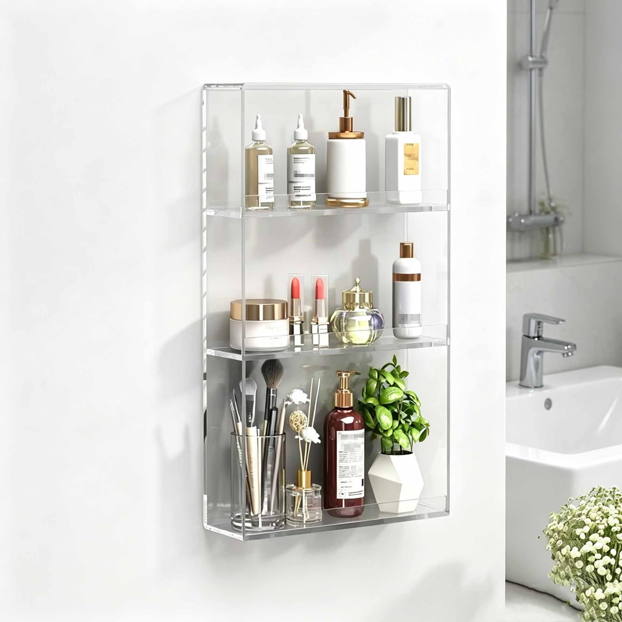Dalumian Floating Shelves for Wall Decor, Acrylic Magazine Holder, Space-Saving Floating Shelves Wall Organizer for Perfume, Make up, Skincare(White,3-TIER)