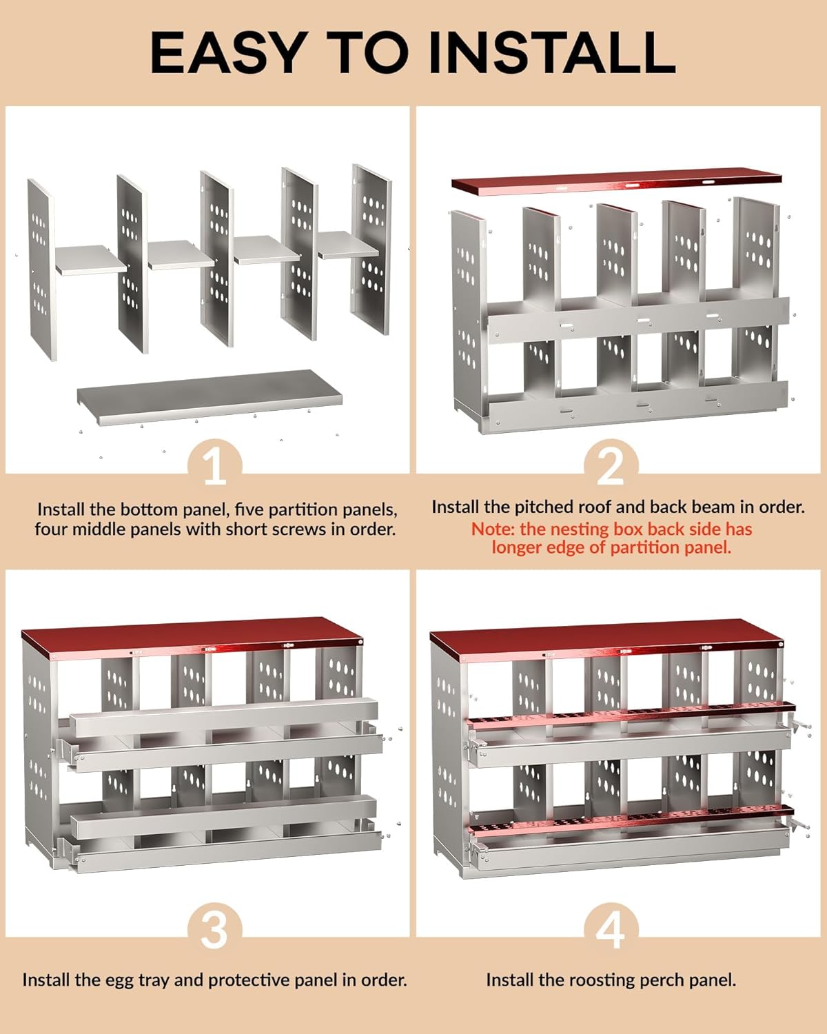 Chicken Nesting Box, 8 Compartment Metal Nesting Box, Wall Mountable Nesting Boxes with Swing Perch and Roll Away Egg Collection, Vented Holes, 8 Training Eggs Included, Red