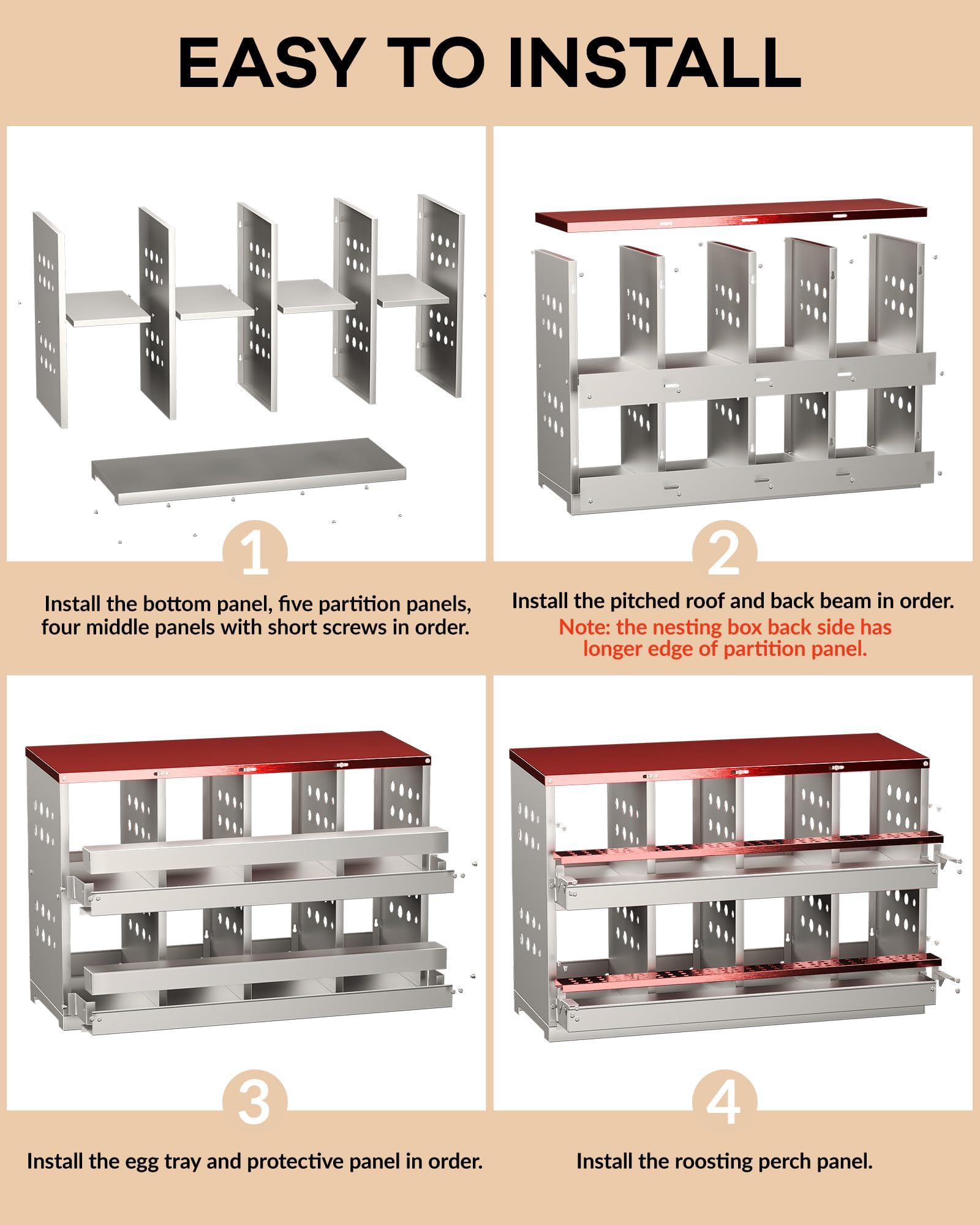 Ponedero para Gallinas de 8 Compartimentos, Nidal en Acero INOX de 2 Niveles, Ponedero Mural Enrollable Fácil de Limpiar, Nidal Resistente para Cría de Aves de Corral y Gallinas, Rojo