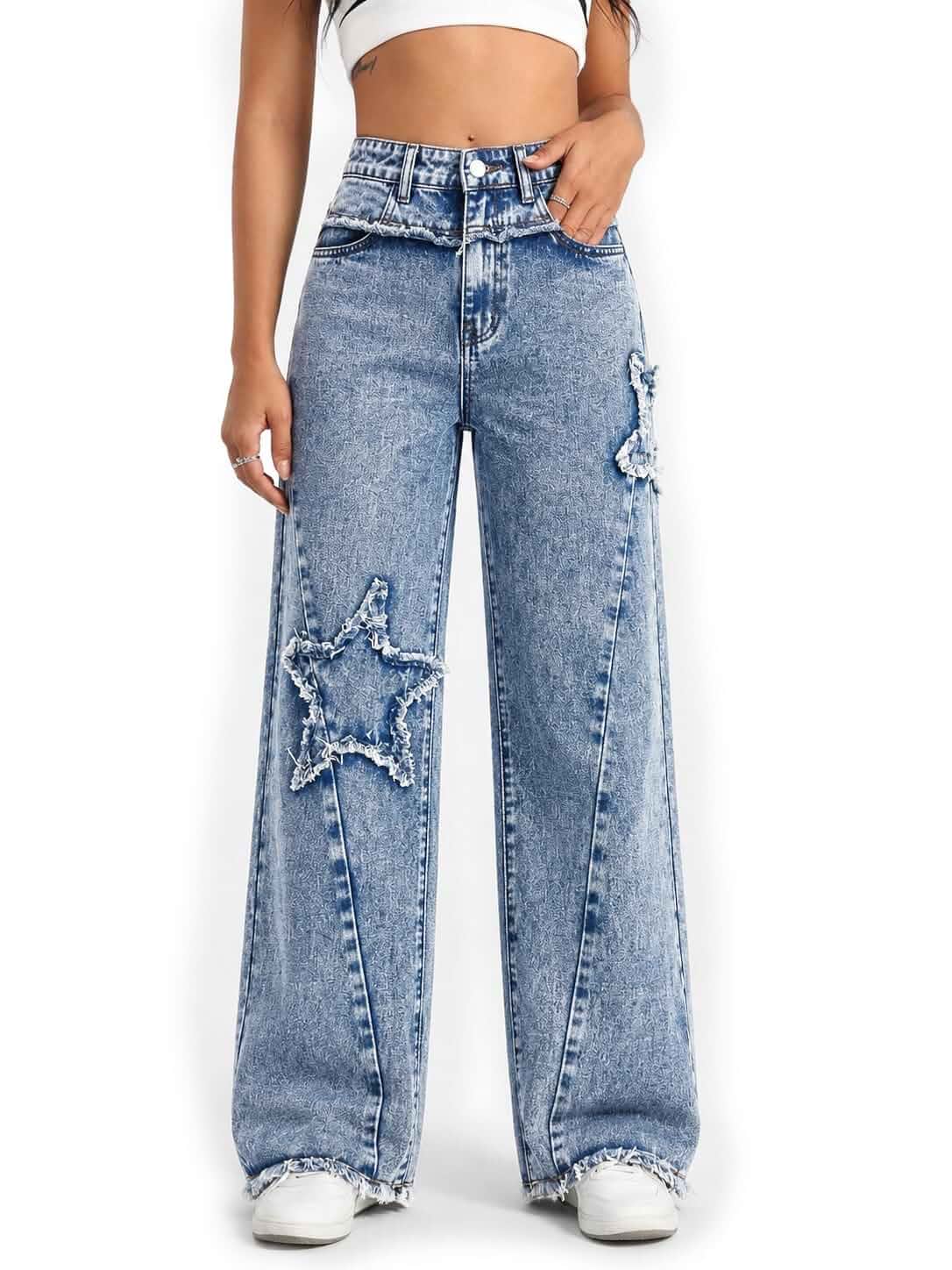 Women's High Waist Distressed Star Wide Leg Jeans Elastic Waist Elastic waist wide leg jeans with rigid washed denim, distressed star patches, roomy hip fit, and raw frayed hem.