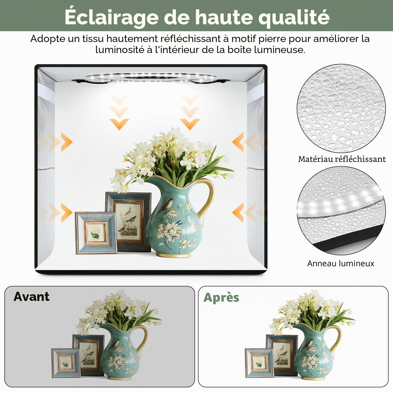 Lightdow Boîte à lumière de studio photo 40,6 x 40,6 x 30,5 cm avec 120 LED (IRC > 95), 6 toiles de fond – Portable/à intensité variable/tente de prise de vue pliante polyvalente pour jouets/bijoux