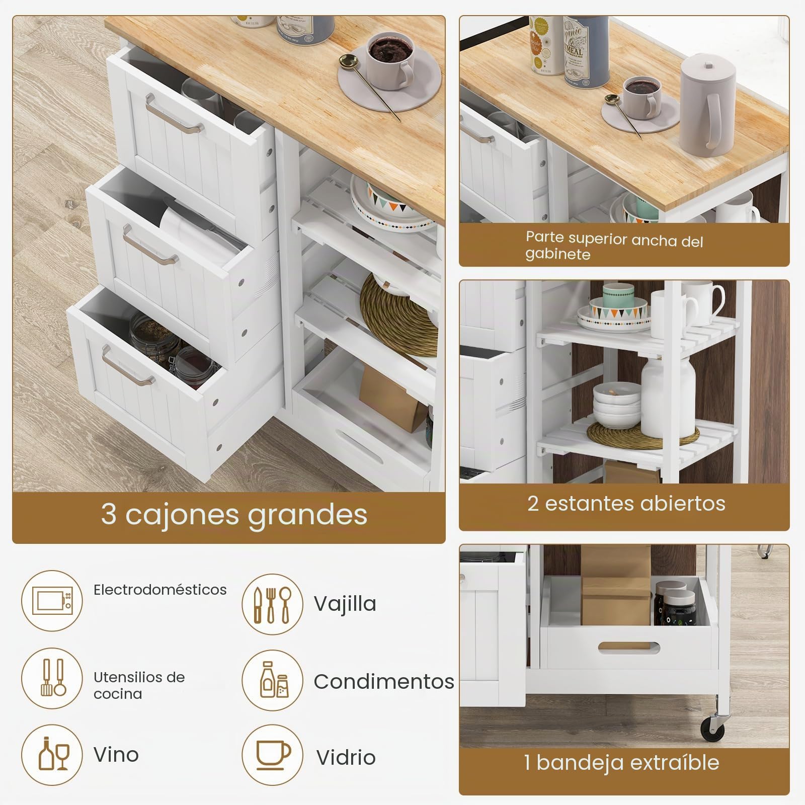 GIANTEX Carro de Cocina con 4 Ruedas, 3 Cajones, 3 Estantes Abiertos y Tapa de Madera de Caucho, Isla de Cocina Móvil con Bandeja Desmontable, 67 x 37 x 83,5 cm (Blanco)