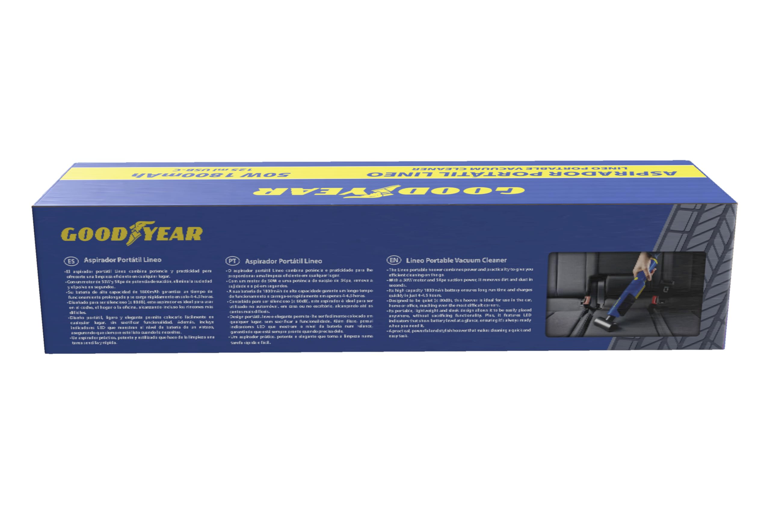 Goodyear Lineo Aspirador Portátil sin Cable para Coche, Hogar u Oficina. Motor 50W con Succión de 5.000Pa, Batería 1800mAh, Carga USB-C. Depósito 125 ml, Diseño Compacto y Silencioso