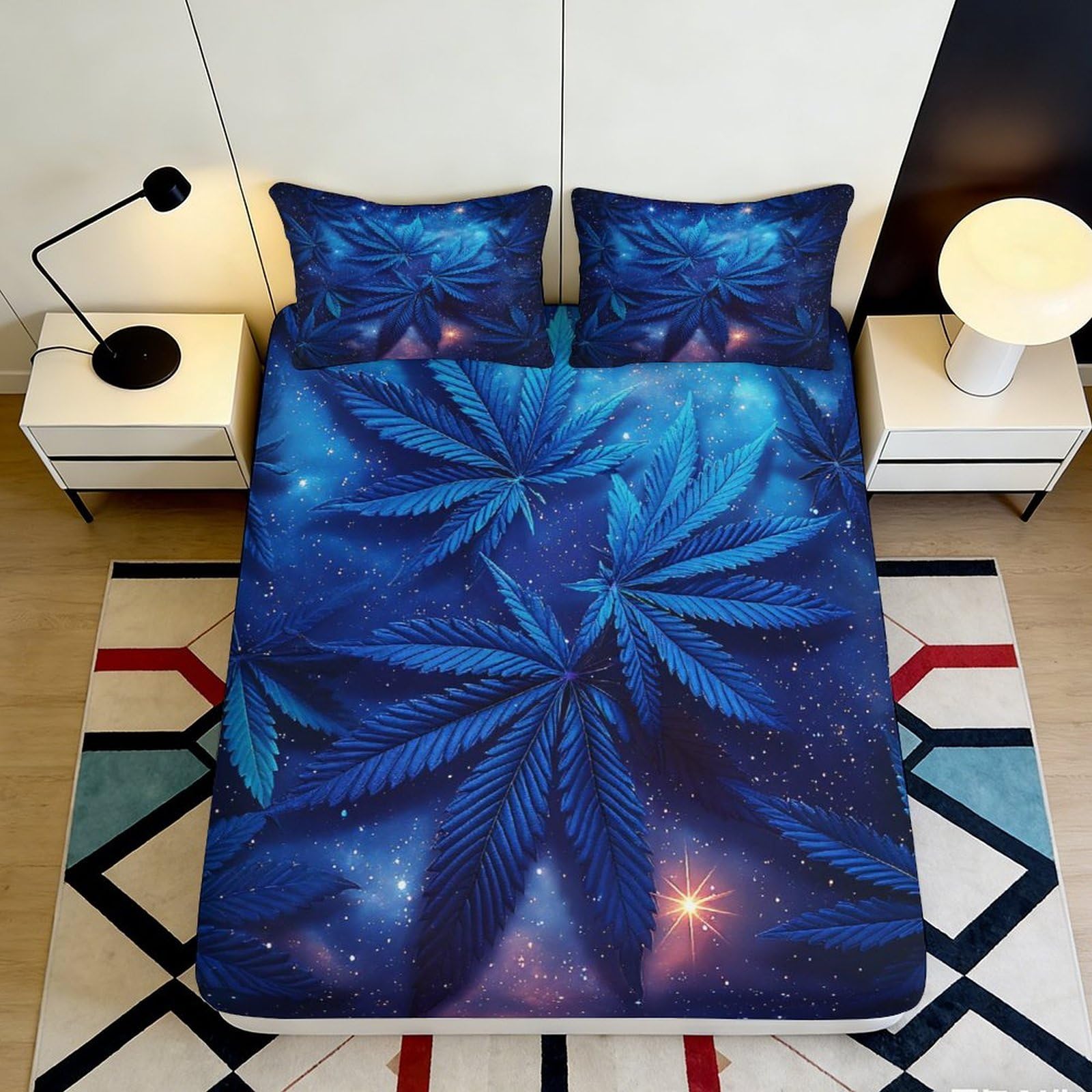 3D Printed Blue Cannabis Leaves Fitted Sheet Microfiber Soft Breathable Starry Sky Bed Cover for Bedroom Dormitory Guest Room Mattress Protection 120x200x25cm