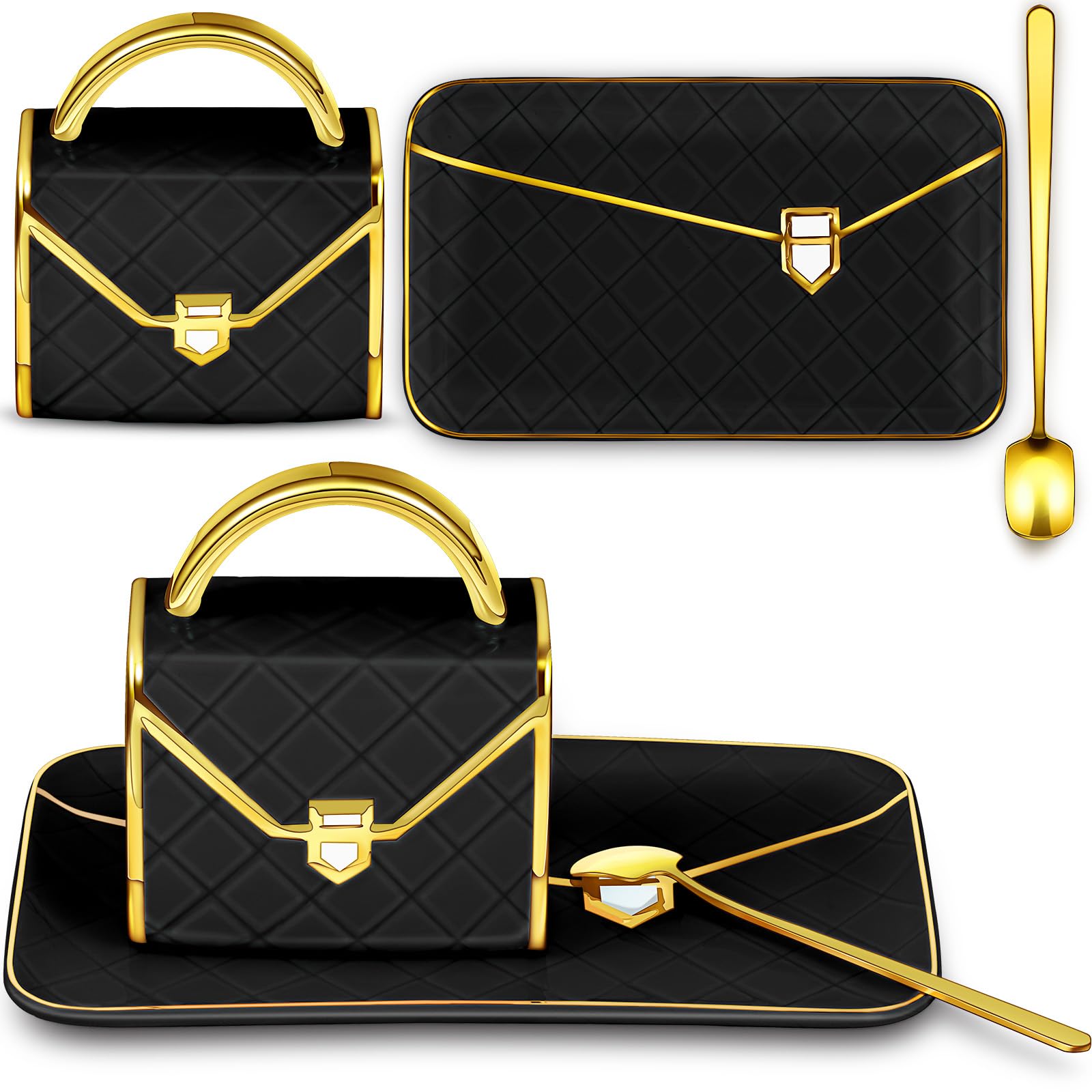 Zubebe 1 Set Coffee Mug Elegant Handbag Shaped Cup Modern Ceramic Purse Mug with Spoon and Saucer, 10oz Cute Creative Tea Cup for Office Home Woman Girls Gift (Black)