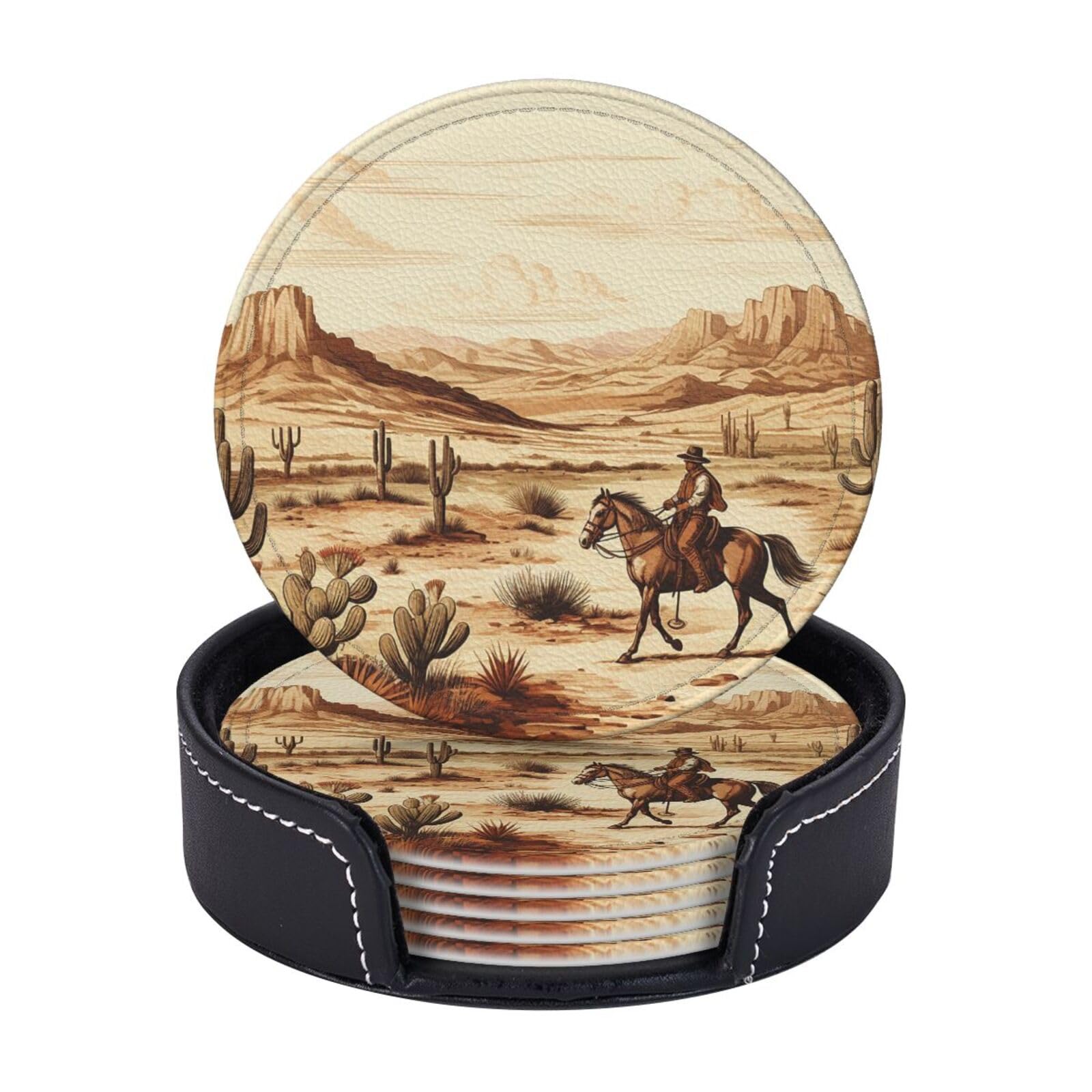 Round Coasters for Drinks Set of 6 - PU Leather Coasters with Holder - Modern Drink Coasters for Coffee Table - Cowboys Riding Horses Coaster for Tabletop Protection 4" Cup Mat Pad