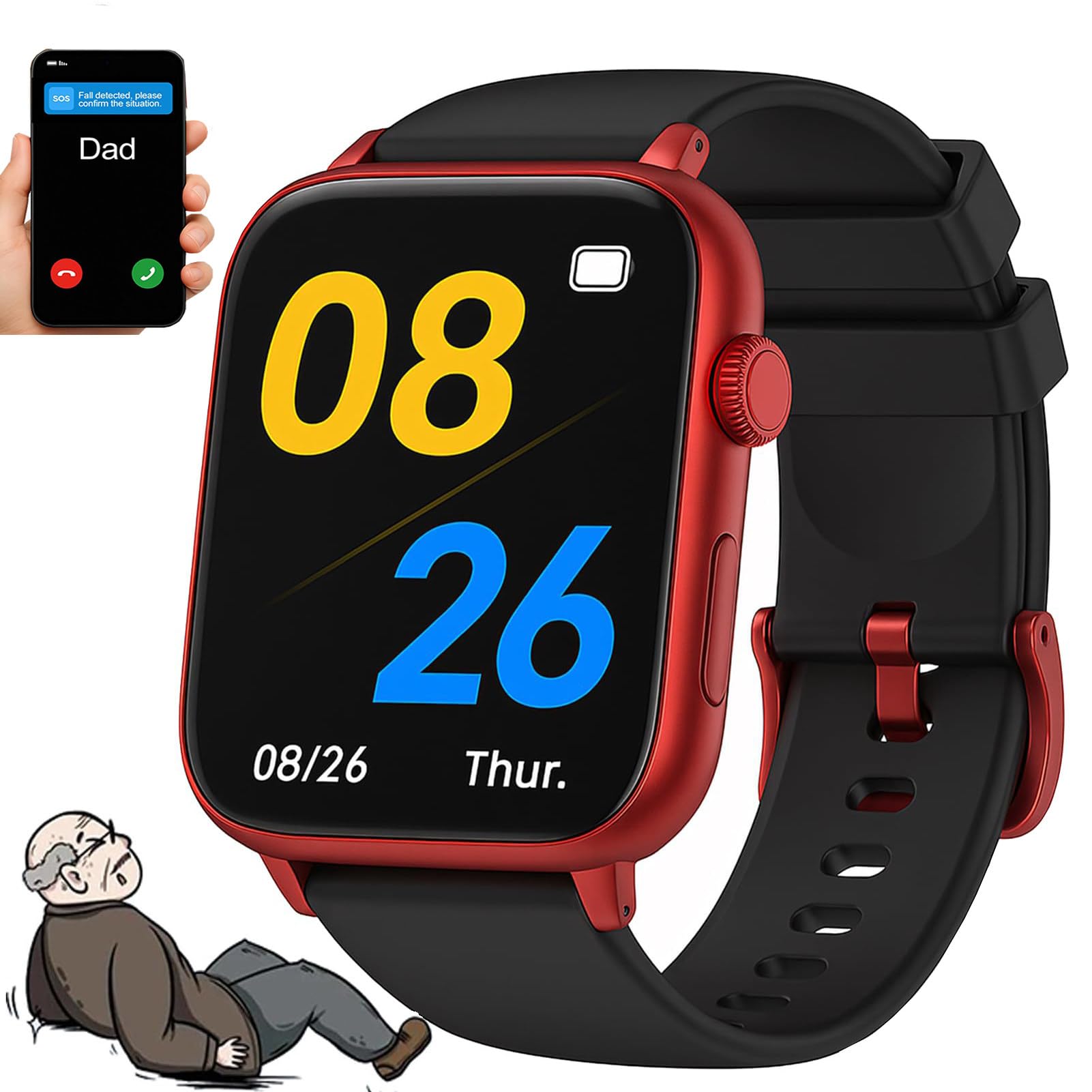 ZHZWwansuGE Smartwatch For Seniors, Fall Detection, SOS Alerts, GPS Tracking, Health Monitoring, Multi-Language Support, 1.83″ HD Video Calling, Designed Specifically For The Elderly Red