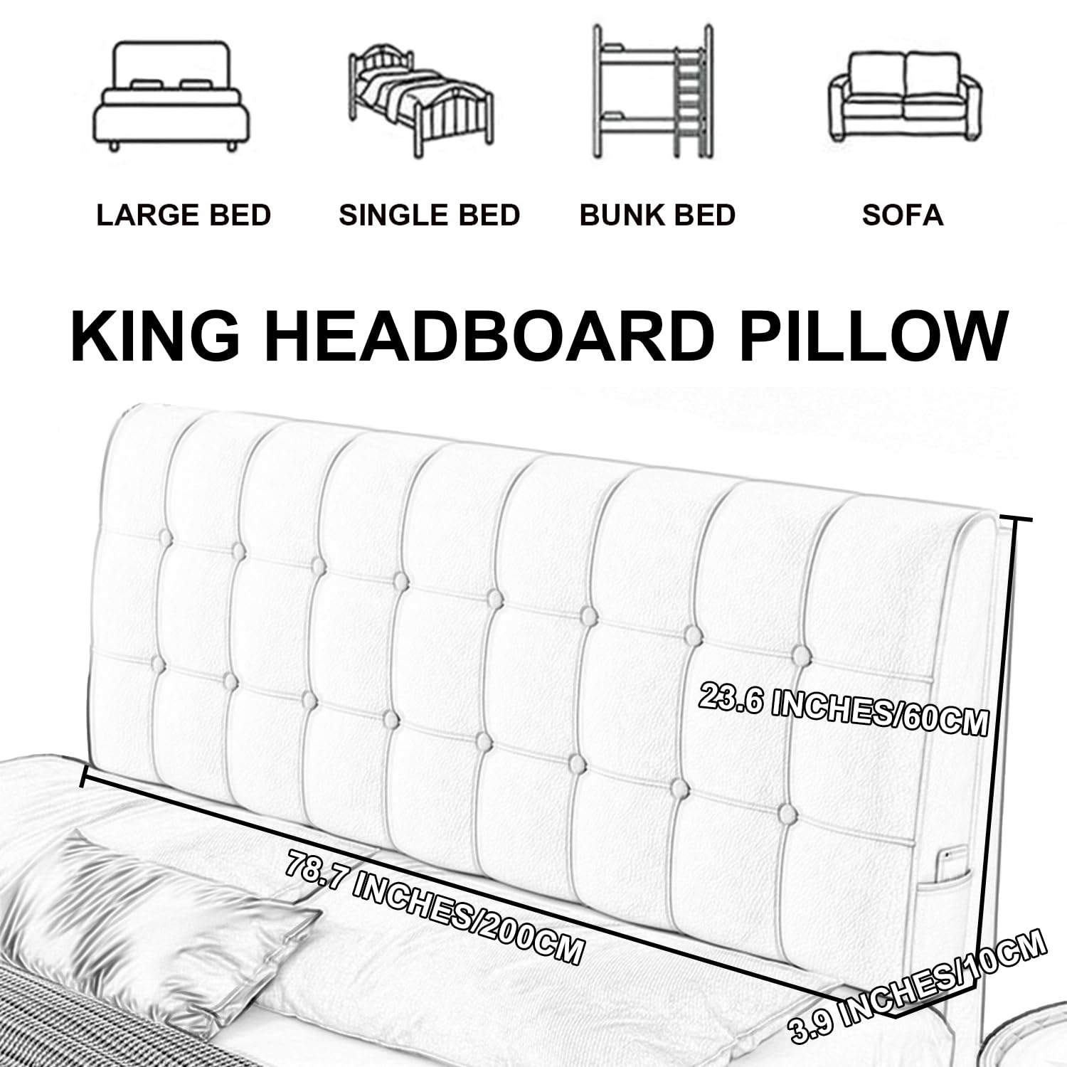 Cabecero tapizado de piel sintética para dormitorio, litera, respaldo grande de apoyo lumbar con funda extraíble, 79 x 23 x 4 pulgadas