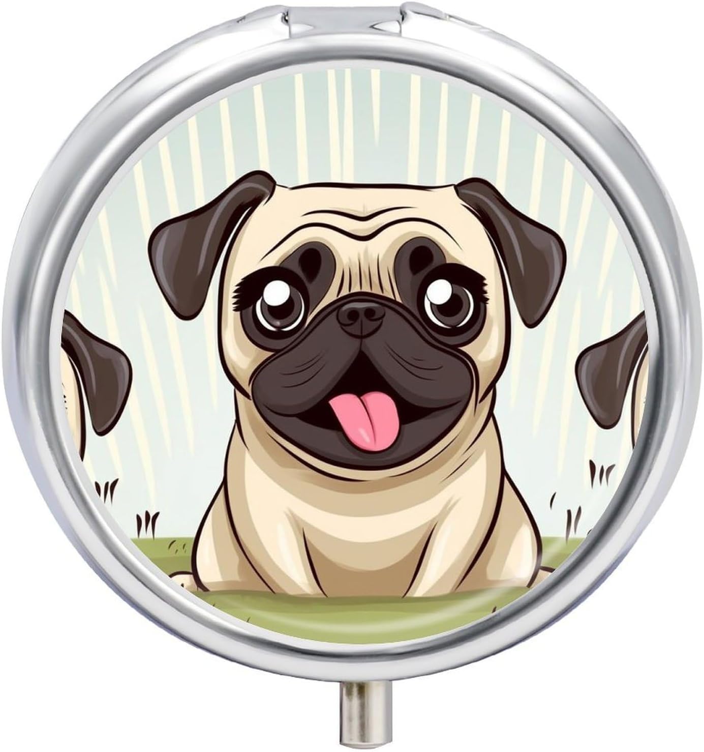 Funny Happy Pug Dog Round Pill Box, 3 Compartment Medicine Organizer
