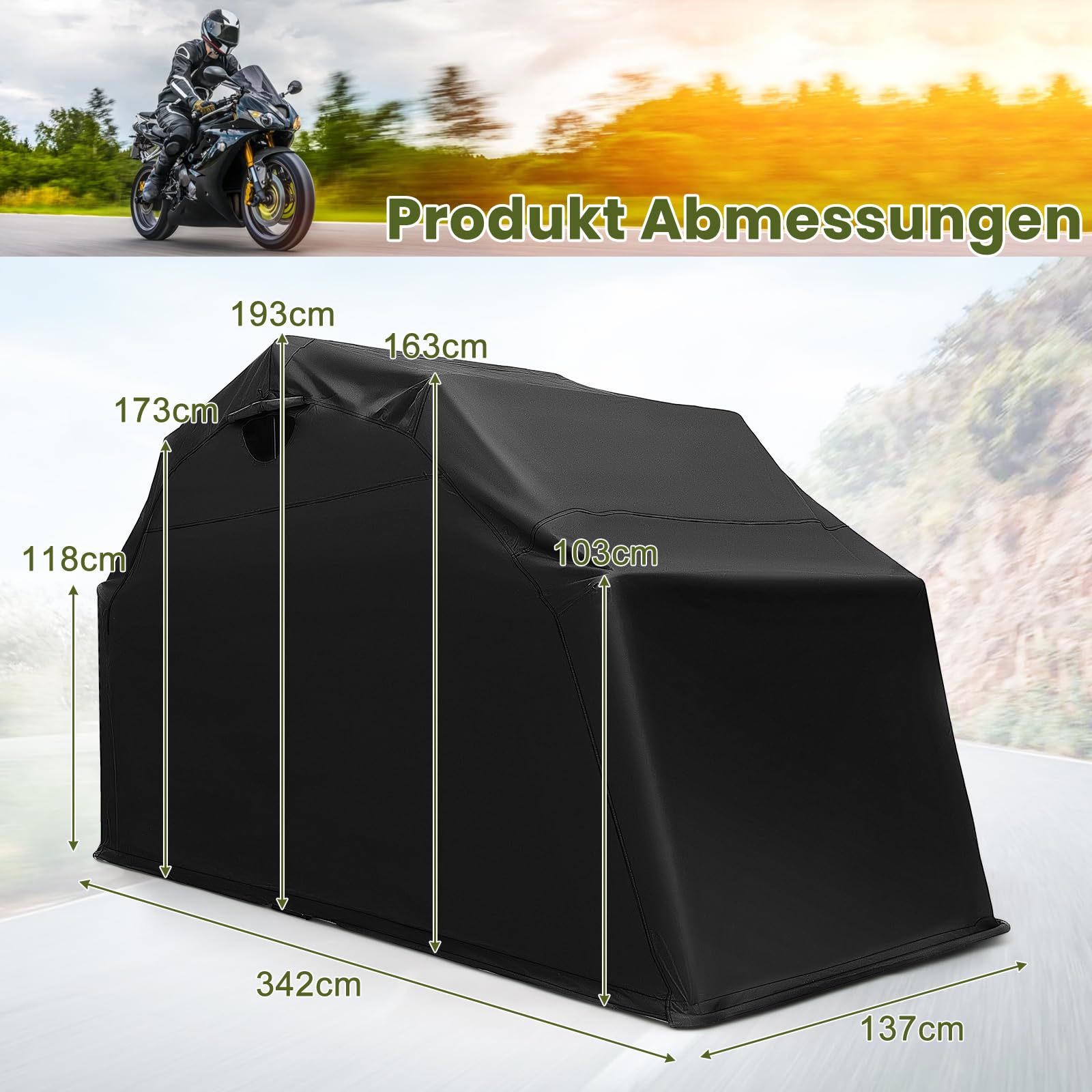 GYAMX Motorrad Garage 345 x 137 x 190 cm, Wasserdichtes Motorrad Zeltgarage mit Erdspieße & stabilem Metallrahmen, Faltgarage, Carport, Fahradgarage Gerätezelt für Motorräder & Brennholz