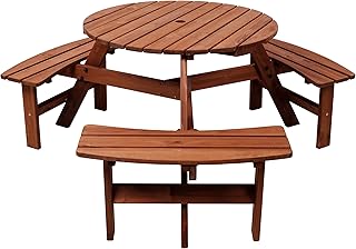 Wooden Picnic Table for 6,Outdoor Picnic Tables with 3 Built-in Benches and Umbrella Hole,Waterproof Camping Round Tabletop,for Patio,Garden,Backyard,Brown