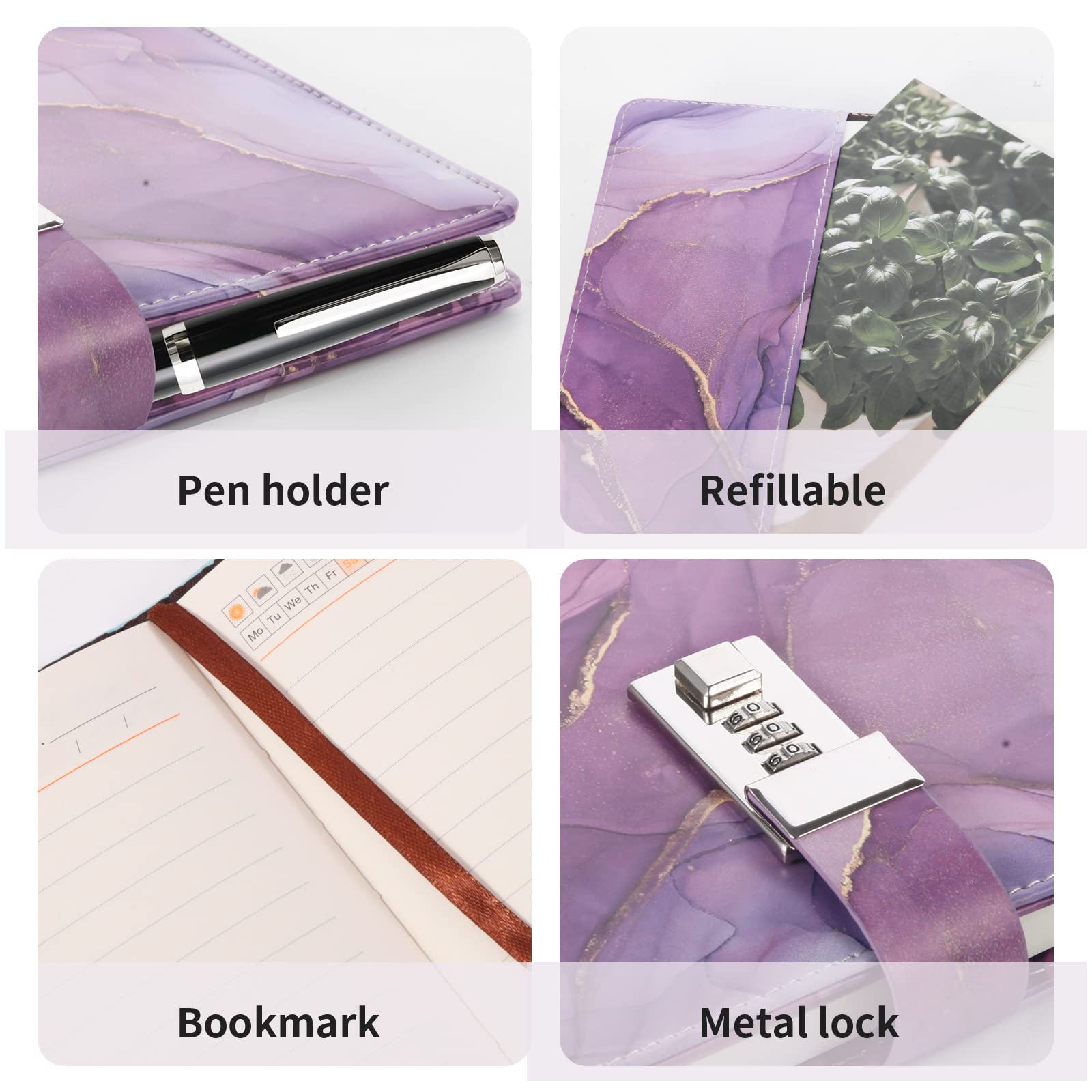 LMTNNB Marble Diary with Lock for Girls and Women A5 Leather Locked Journal for Teen Girls Secret Cute Password Lock Notebooks with Pen Holder for Travel Diary Office Notepad - Image 3
