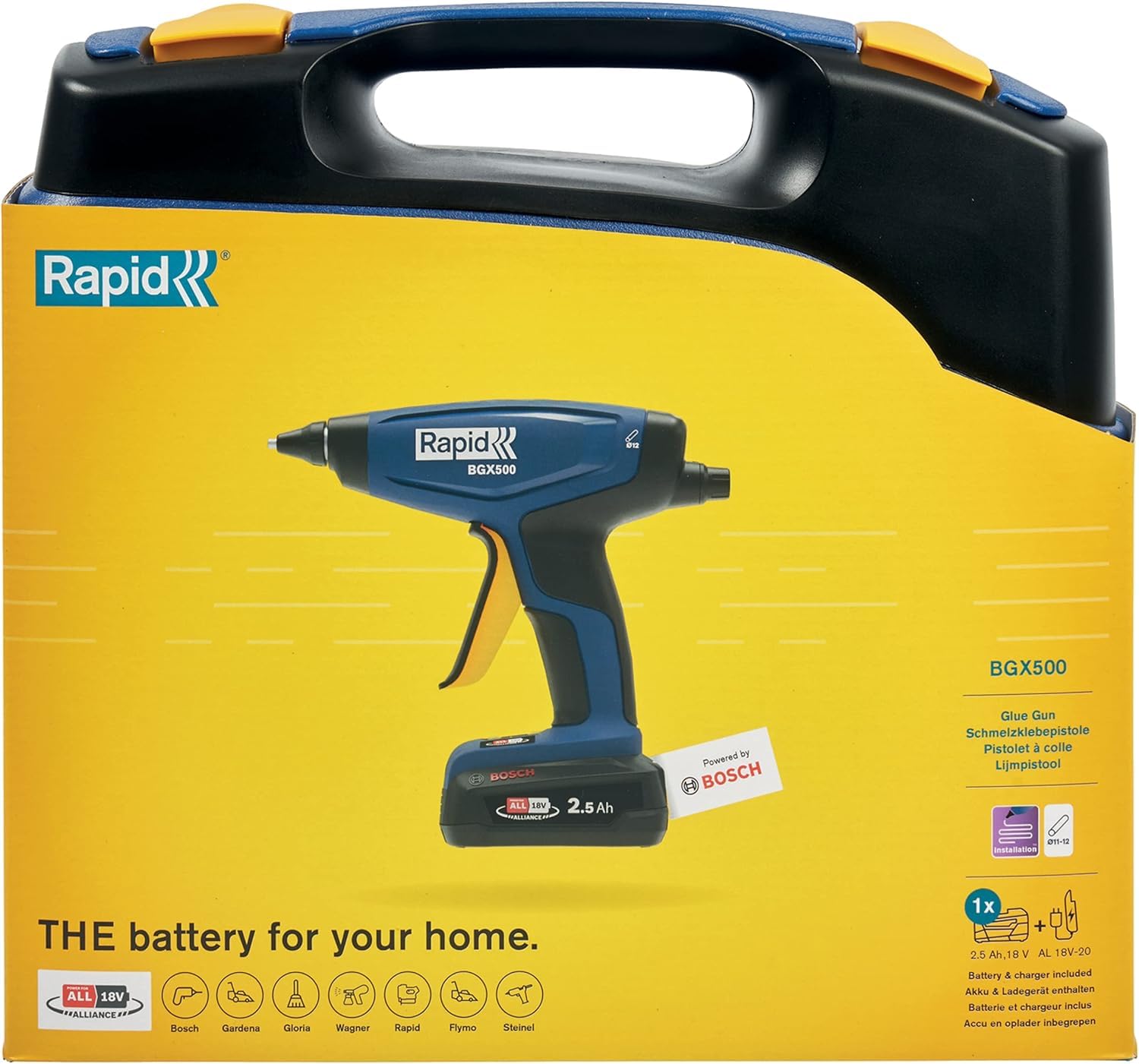 Rapid, Bezprzewodowy Pistolet do Klejenia Rapid BGX500, Akumulator 18 V, Szybkie Nagrzewanie, Lampka Kontrolna, Ergonomiczny Uchwyt, do DYI i Instalacji, Zestaw z Baterią i Ładowarką (5001514)