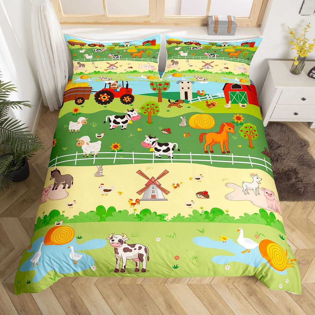 Fattoria Animale Copripiumino 135 x 200 cm Carino Mucca Cavallo Set di biancheria da letto per bambini piccoli, Fumetti Camion Trattore Consolatore Copertura Rustico Fattoria Letto Set Paese Gallo