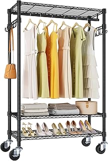VIPEK R3 Heavy Duty Garment Rack with Lockable Wheels, Portable Rolling Closet with Adjustable Shelves & Hanging Rod & Side Hooks, Compact Space-Saving Storage for Small Apartments/Dorms (Black)
