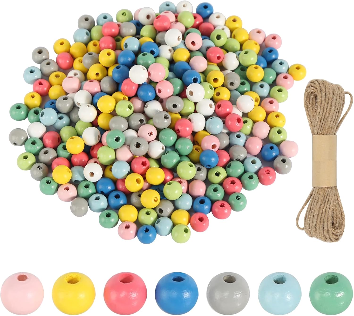 300 Stück Holzperlen 10mm - Bunte Bastelperlen Mit 10m Gewachstem Band