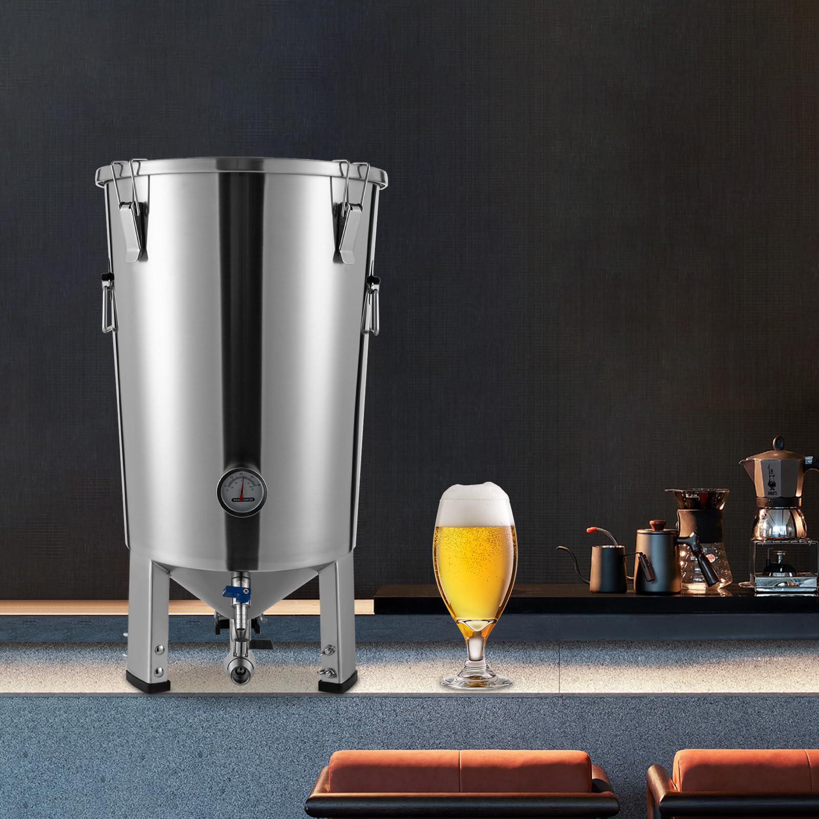 Recipiente de fermentación grande de acero inoxidable de 32 litros, apto para uso alimentario con fondo cónico y sellado hermético, adecuado para cerveza, enzimas, vino y vino de frutas