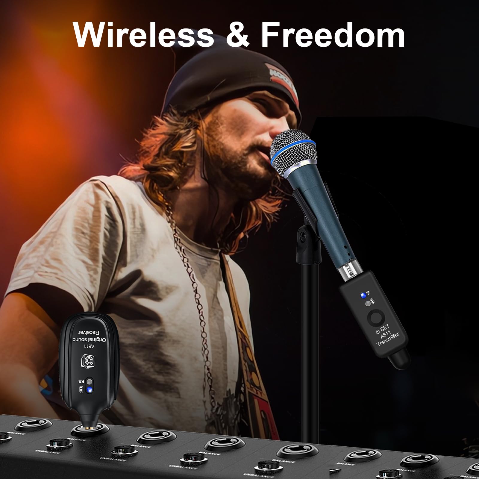 Wireless Microphone Transmitter Receiver 2.4GHz, XLR Microphone Wireless System, Rechargeable Wireless Mic Adapter for Audio Mixer, Dynamic and Condenser Mic, Guitar, Bass