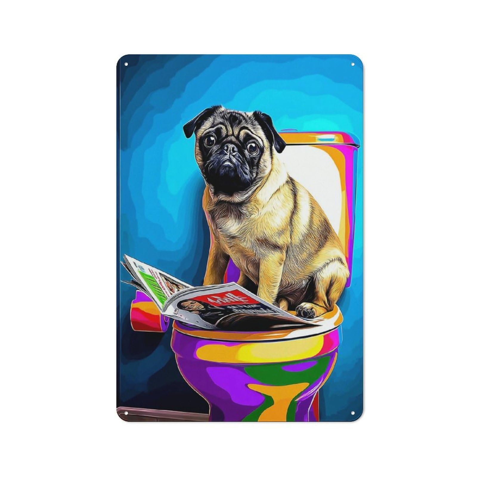 Junmoney Pug In Colorful Chair With Magazine Clean Industrial Industrial Metal Sign 30X20cm, Studio Wall Art For Loft, Studio, Office Or Creative Room
