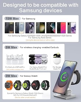 4 in 1 Wireless Charging Station for Samsung, Foldable Aluminum Magnetic Charger with LED Light for Samsung Galaxy S25/Ultra/S24/S23/S22, Galaxy Watch 8/7/6/5, Galaxy Buds/Pro
