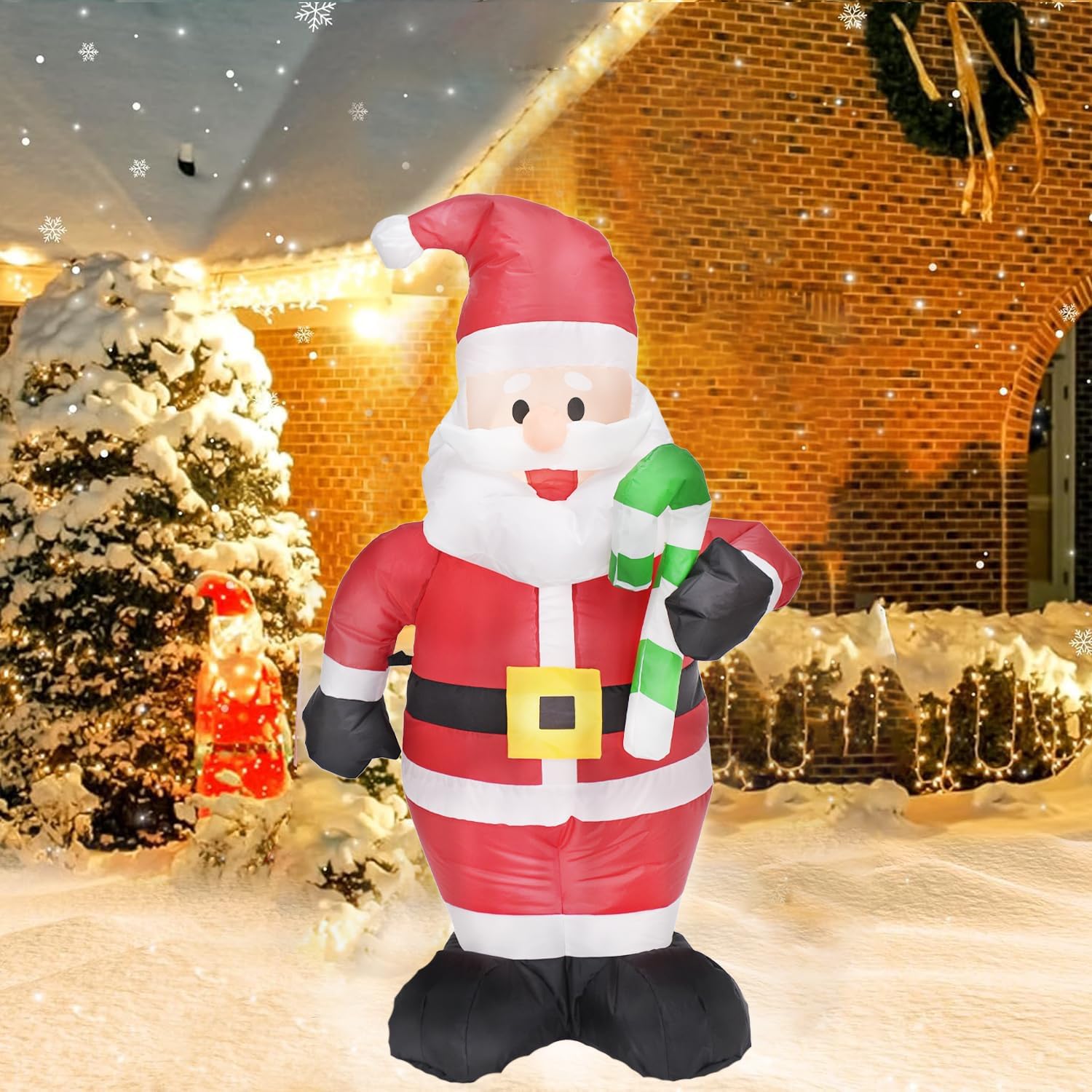 4 FT Christmas Inflatables Santa Outdoor Decorations, Santa Claus with Candy Stick Inflatable with Led Lights Xmas Blow up Yard Decorations for Square Lawn Garden Patio Holiday Party Decor