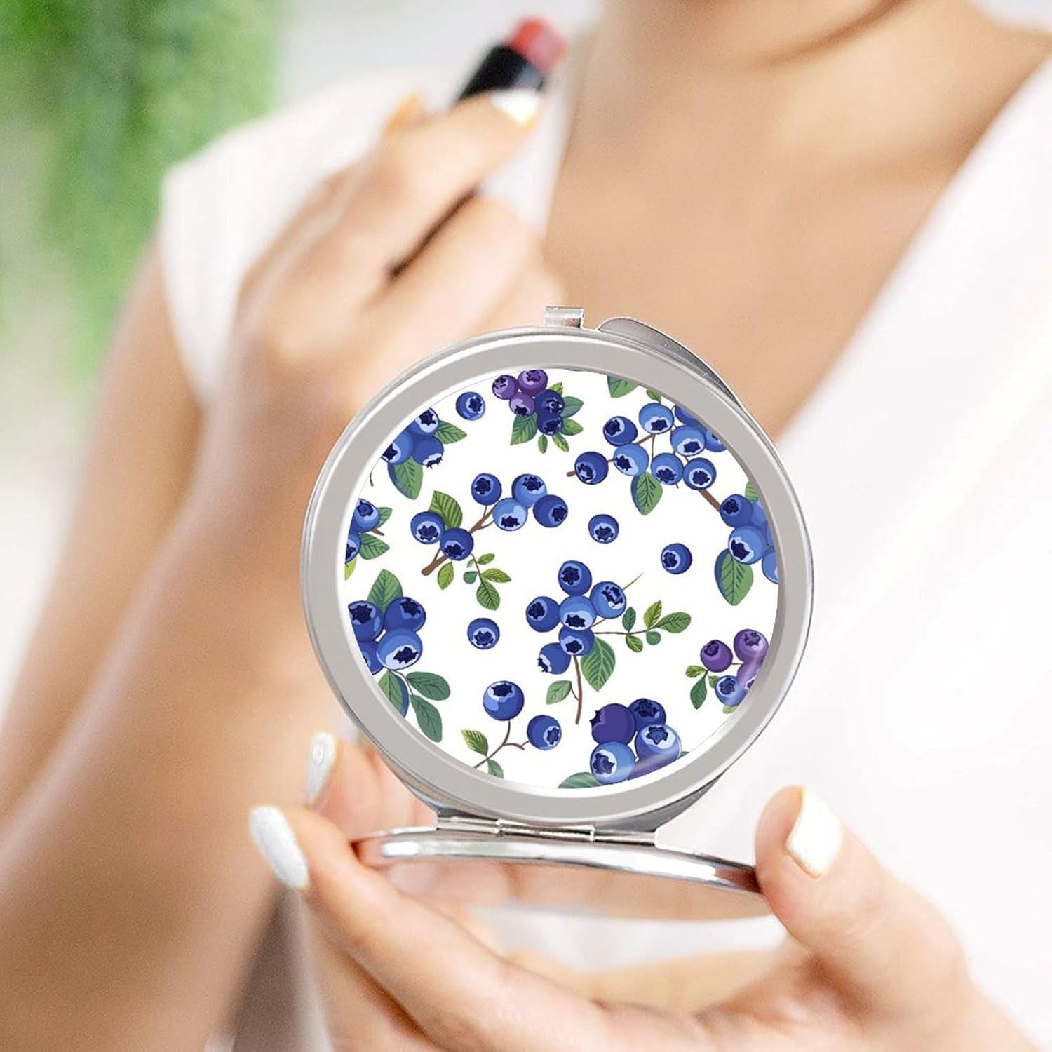 Blueberries with Leaves Portable Makeup Mirror, Sided Travel Hand Mirror Mini Folding Mirror for Precise Makeup Women Daily Use