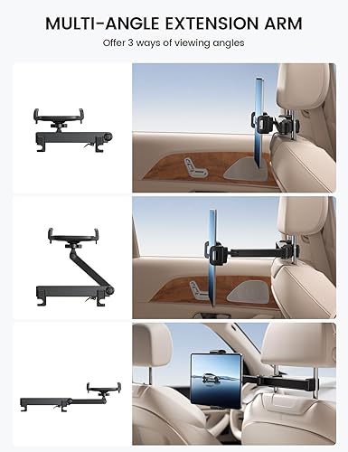 Miniatura 3 de Lamicall Soporte para tablet con reposacabezas de automóvil, con bloqueo, brazo de extensión 3 en 1, soporte de tableta mejorado para asiento