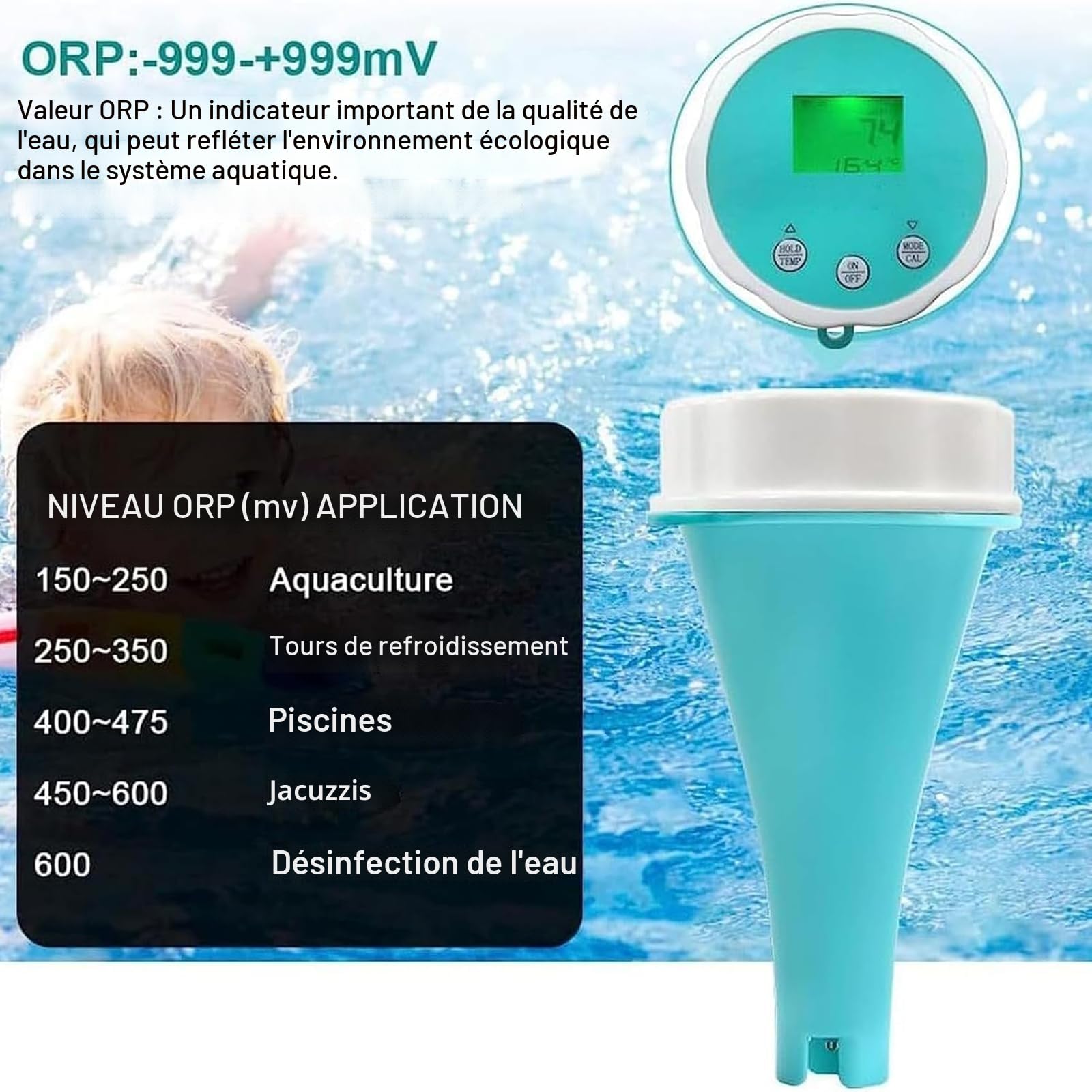Détecteur Qualité L'eau, Testeur Qualité L'eau Piscine, Compteur 6 En 1 Avec Bluetooth, Mesure Professionnelle Du PH, Redox, Chlore, EC Et Température, Adapté L'eau Potable Maison Culture Hydroponique