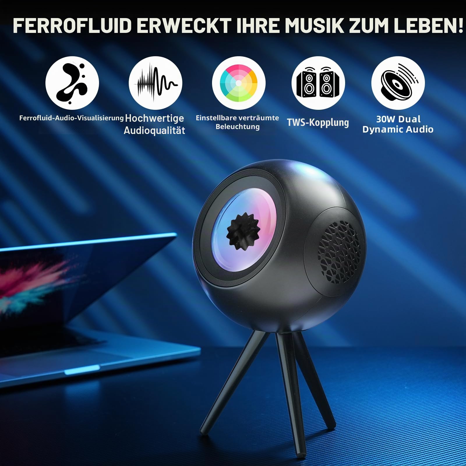 sovenomund Ferrofluid Lautsprecher – Bluetooth-Lautsprecher mit Sound-Visualizer | Mit lebendiger RGB-Beleuchtung und Dual-TWS-Kopplung – ideales Geschenk für alle Anlässe (schwarz)
