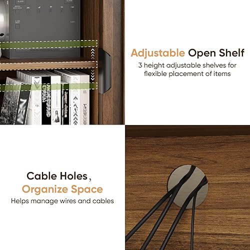 Miniatura 4 de Soporte de TV acanalado de nogal de 63 pulgadas con 2 gabinetes y estante ajustable, consola multimedia para TV de 30 a 70 pulgadas para sala de