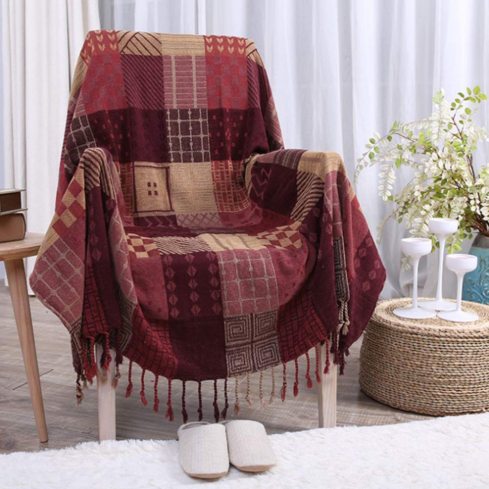 ele ELEOPTION Chenille-Überwurfdecke, Jacquard-Quasten, Überwurfdecke, Sofa, Stuhlbezug, dekorativ für Bett, Couch, weicher Stuhl, Volksstammes-Muster (rotes Gitter, 150 x 190 cm)
