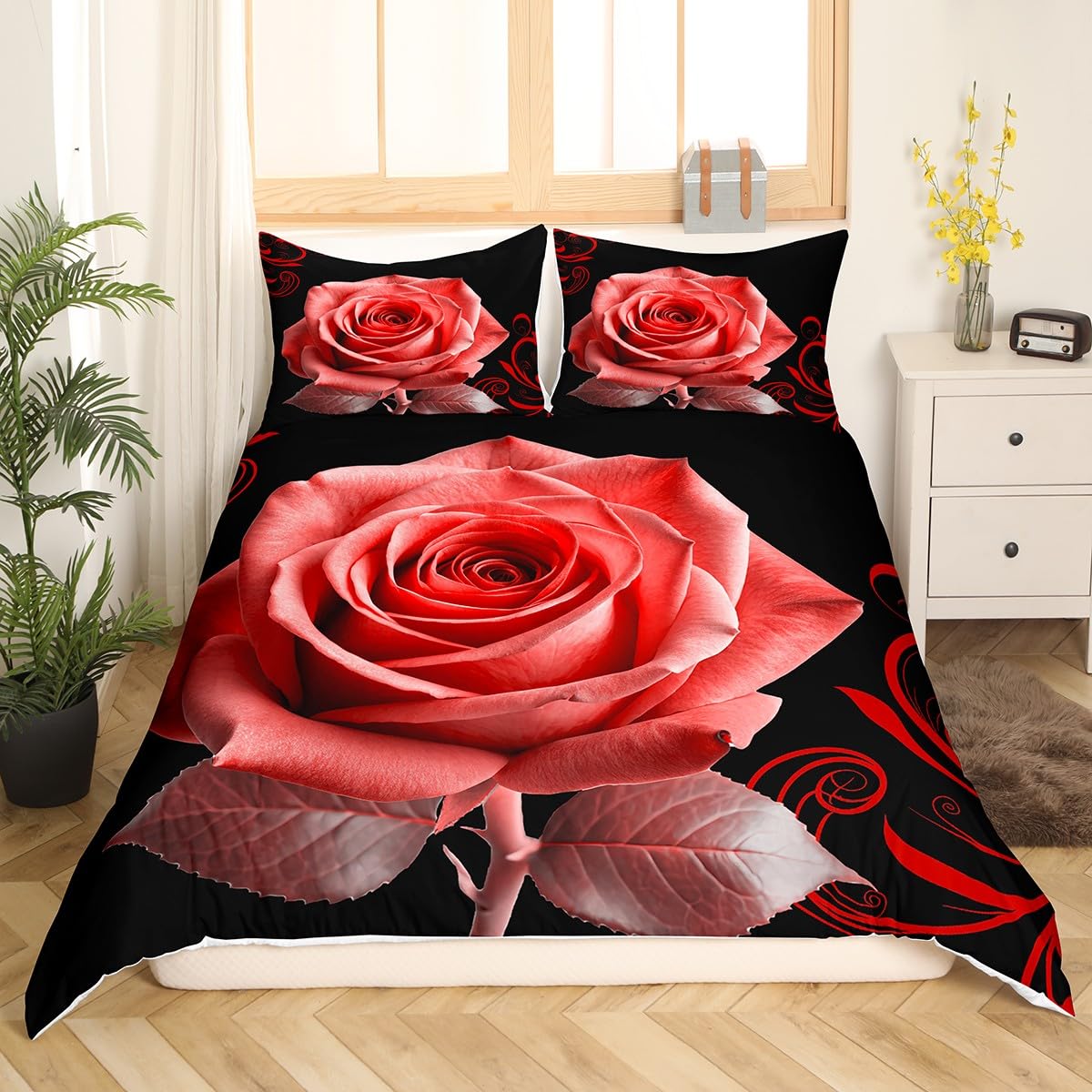 Housse de couette roses rouges 200x200cm avec taies d'oreiller pour literie deux personnes
