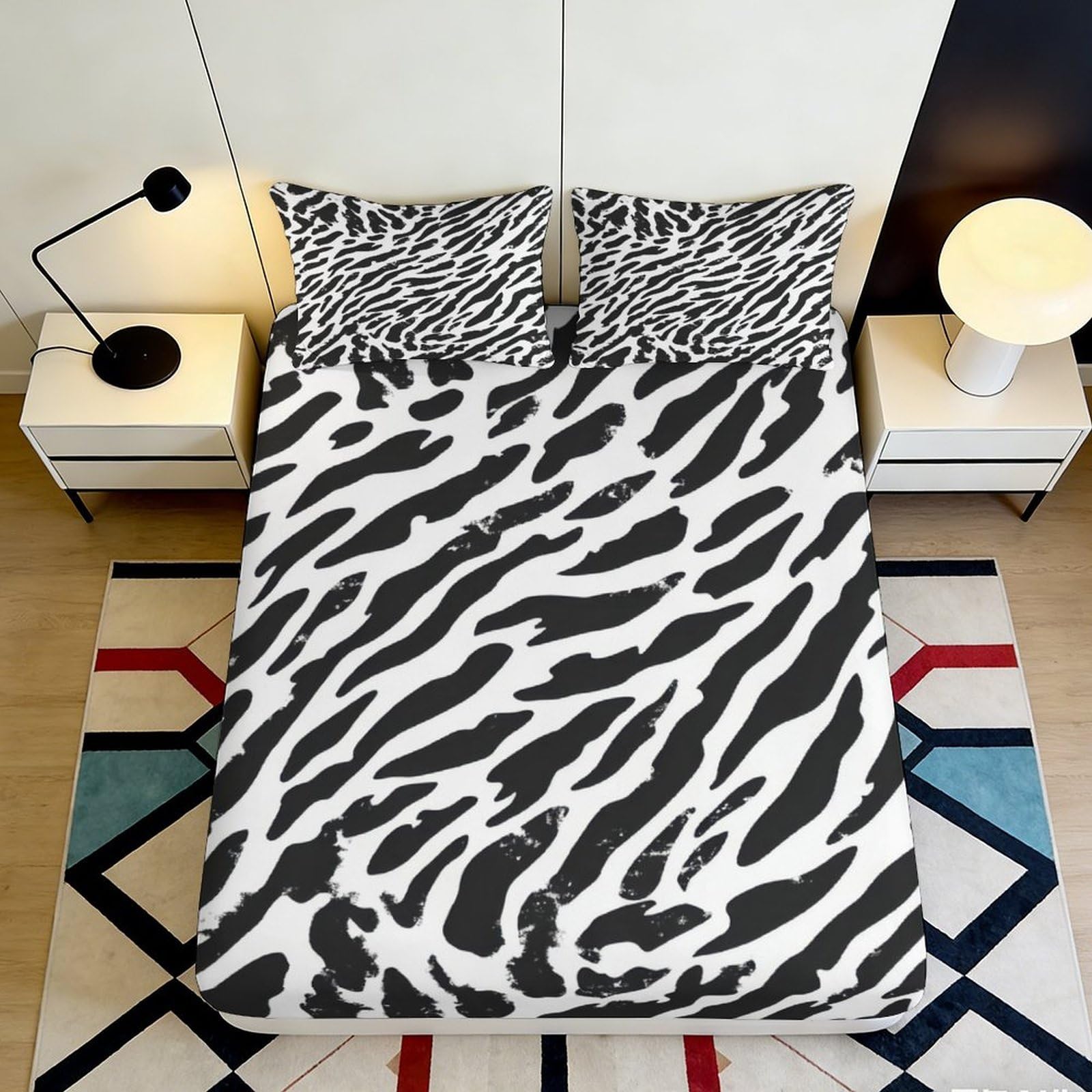 3D Printed Zebra Stripe Fitted Sheet Microfiber Soft Black White Mattress Cover for Bedroom Guest Room Decor 90x200x25cm