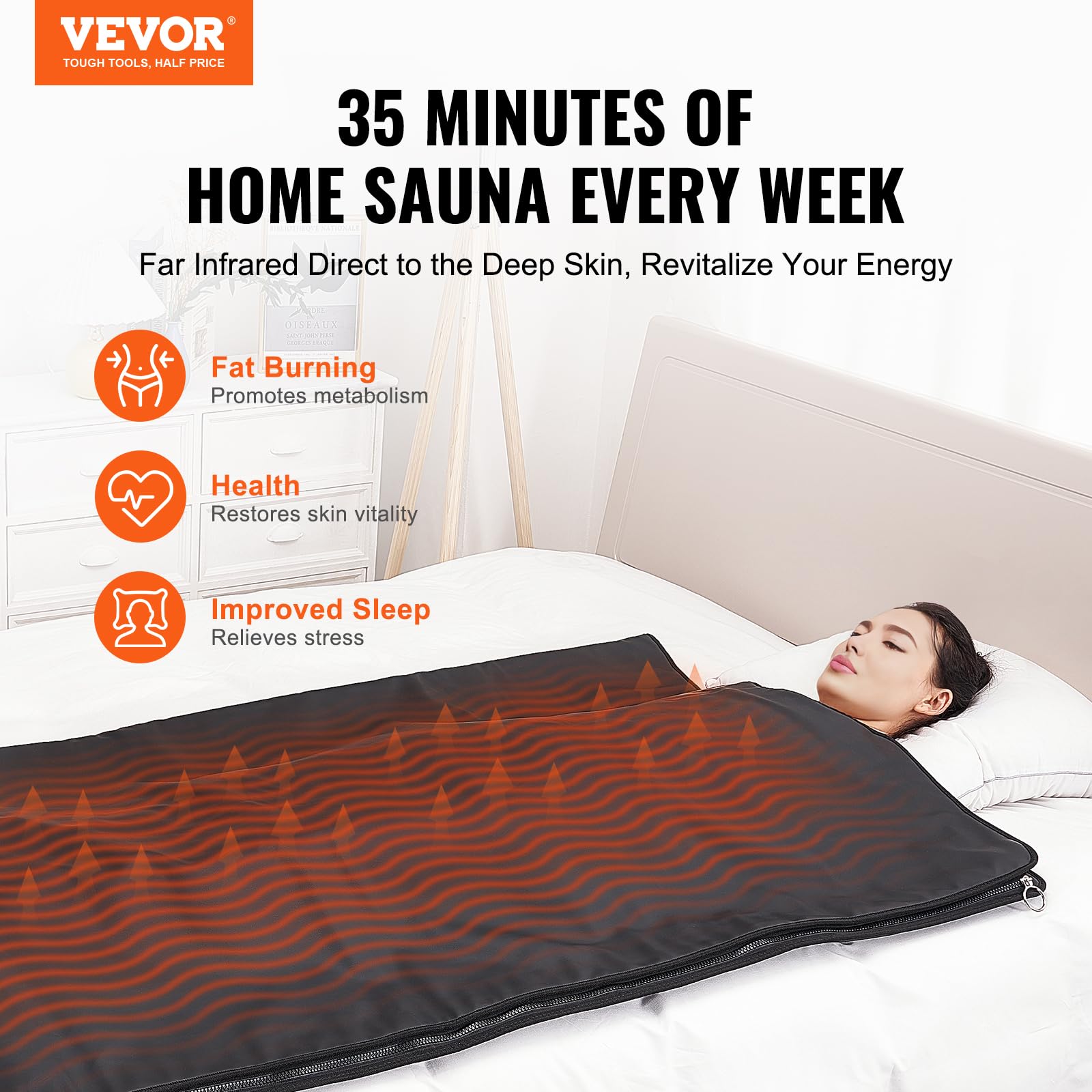 VEVOR Manta de Sauna de Infrarrojos Lejanos Portátil 180x90cm Rango de Temperatura Ajustable 1-6 Niveles Temporizador de 35-85°C 1-60 min con Bolsas de Sauna Calefacción de Fibra de Carbono para Hogar