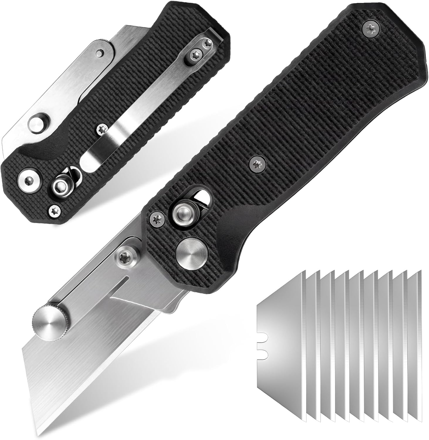 Folding Utility Knife for Men Women, Quick Change Box Cutter with 10Pcs SK5 Replaceable Blades, EDC Razor Knife for Cartons, Cardboard, Boxes, Christmas Stocking Stuffers Gifts for Men Husband Women （Black）