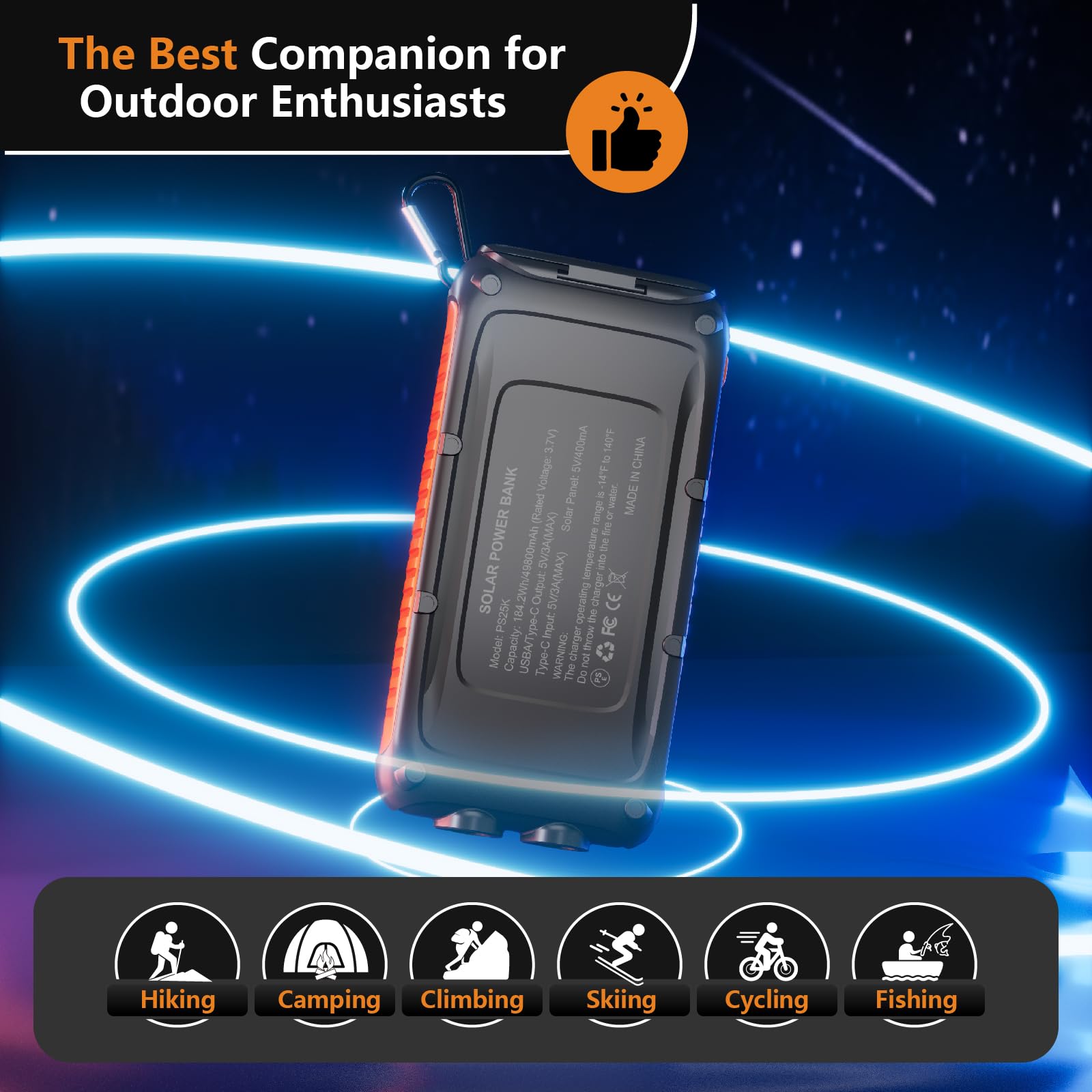 Caricatore solare Power Bank 49800 mAh, caricabatterie solare portatile con 2 porte USB-A e USB-C, ricarica rapida da 15 W per iPhone, Samsung e altri, doppia torcia elettrica per campeggio, viaggi e