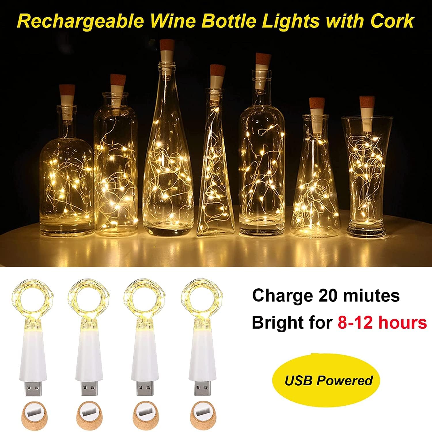 Ceepko USB Bottle Lights Rechargeable, Rechargeable Wine Bottle Lights, 15LED 59Inch Copper Wire Waterproof Fairy Cork String Lights for Party Halloween Christmas Decorations (Warm White, 4 Pack)
