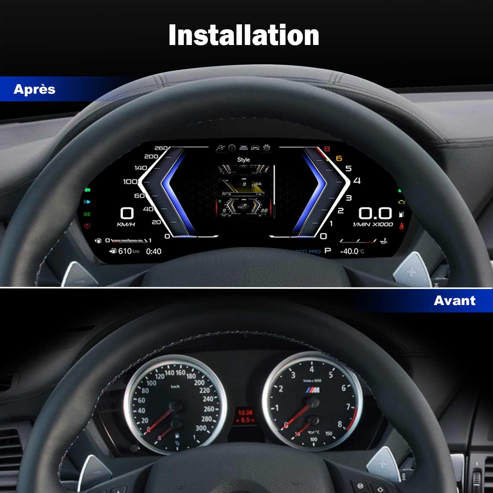Tableau de bord digital 12,3'' Écran LCD pour BMW X5 E70 X6 E71 Série 5 E60 E61 CCC/CIC Système Tableau de bord Compteur de vitesse, 4-Cœur, 7 Styles UI, Plug & Play, Commande au volant, 1920 * 720P